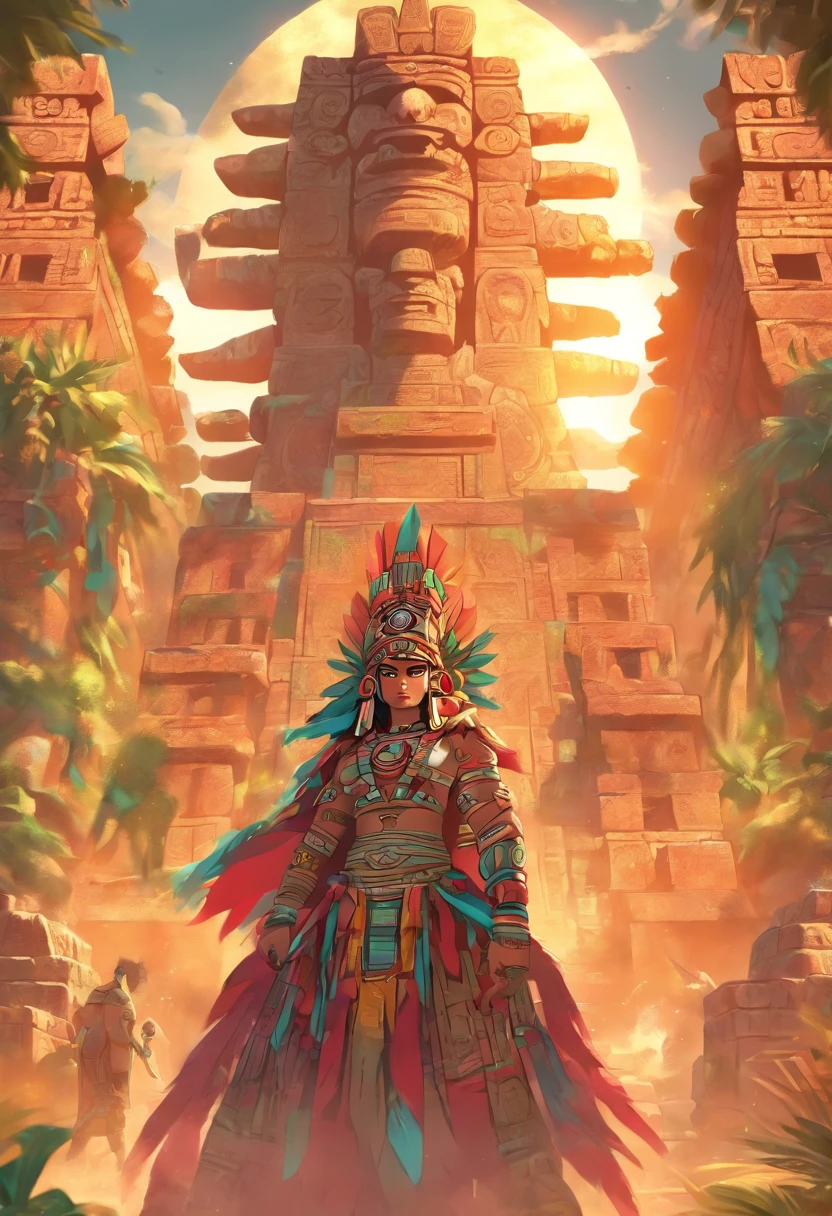 (((Mayan twins)))best quality, ultra-high resolution, 4K detailed CG, master piece,Hun-Hunahpu,Vucub-Hunahpu,ball players, temple,Mayan clothing,Mayan mythology,cactus, stream, desert, sunlight, Mexico, aesthetics, Beautiful image, centered on the screen