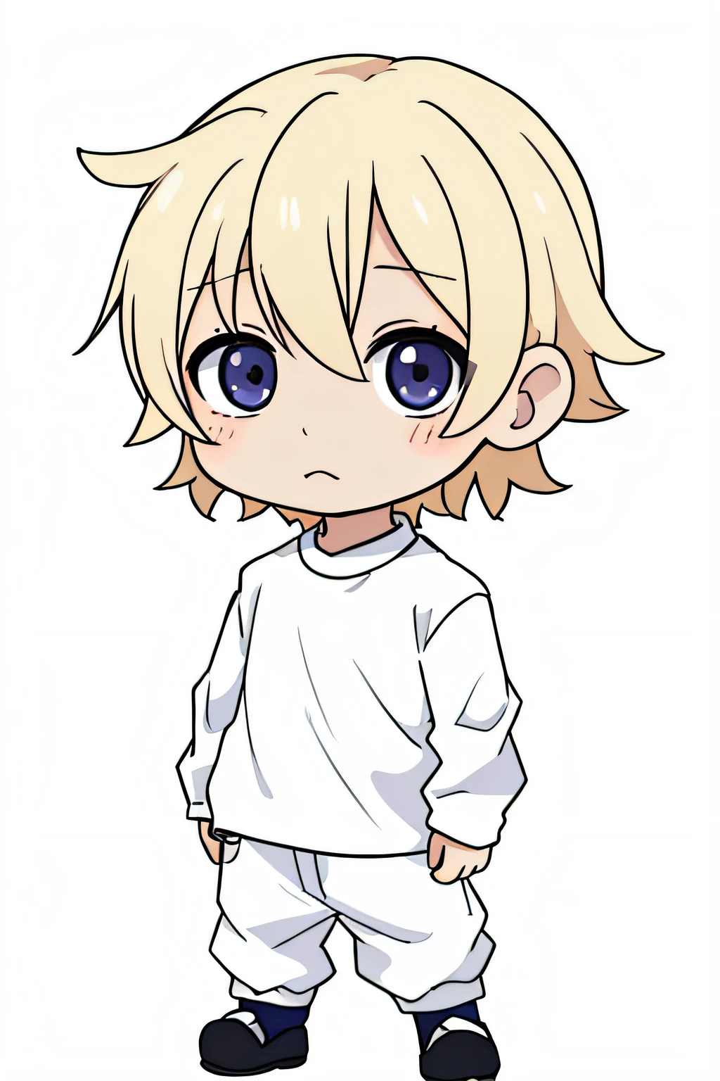Very cute and cute little anime boy、((Chibi's Deformed Boy))、Suspicious face、a blond、white shirt、cute face、without background、full body Esbian、is standing、very detailed face and eyes、Clearly outlined、独奏