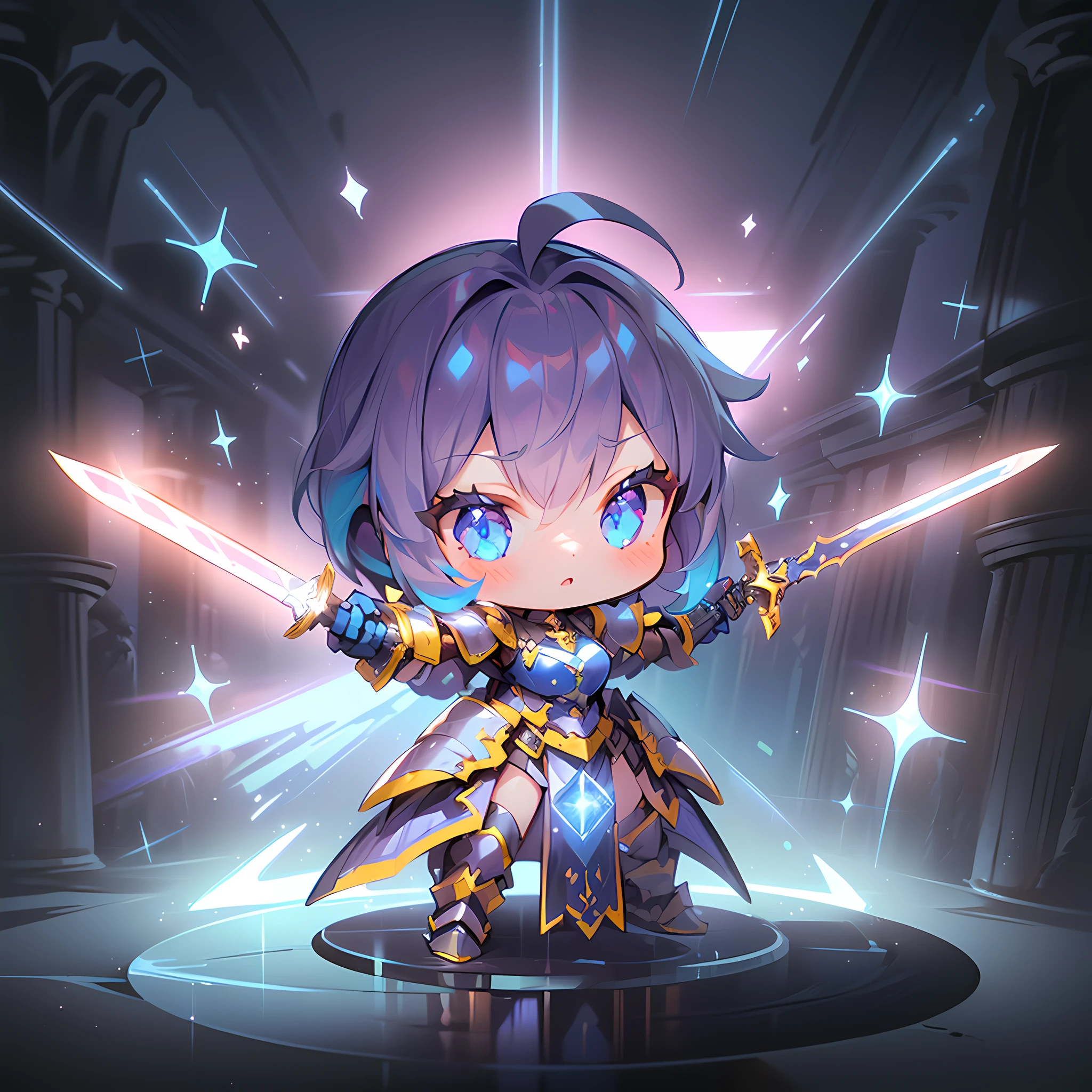 (Sapphire Masterpiece 1.3), (Best Quality), (ultra-detailliert), (girl with), (((Solo))), Cool, Full body, (With the Sword of Paladin:1.10), Ahoge, (Paladin Armor:1.4), (Dynamic Pose:1.6), (((Chibi Character))), (((Deformed))), (Sparkle effect:1.3), (Pillar of Light:1.5), (aura:1.5), (Night Field:1.3), (Alternative Fantasy Worlds:1.1) ,(Blue background)