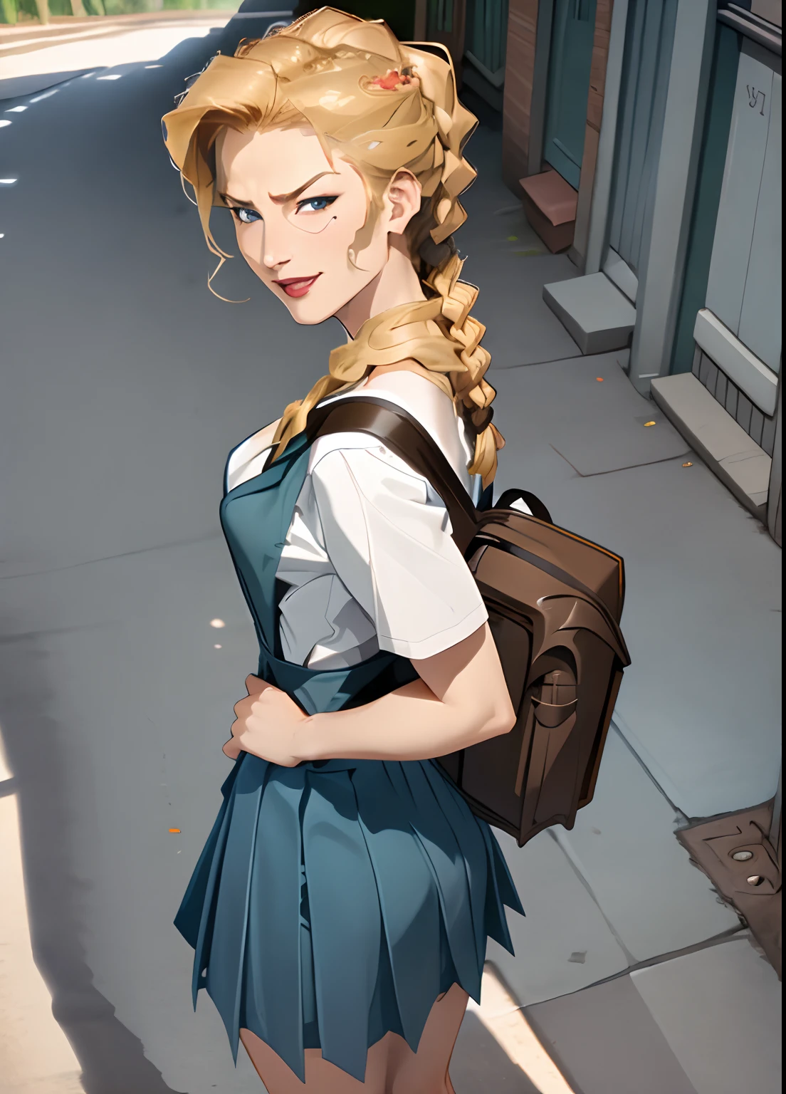 Helga and male student, couple, sex nude, alley, garbage cans, large breasts, hair in braided ponytail, hair over shoulder, evil smirk, wearing school uniform, backpack, looking back at viewer pov doggy style