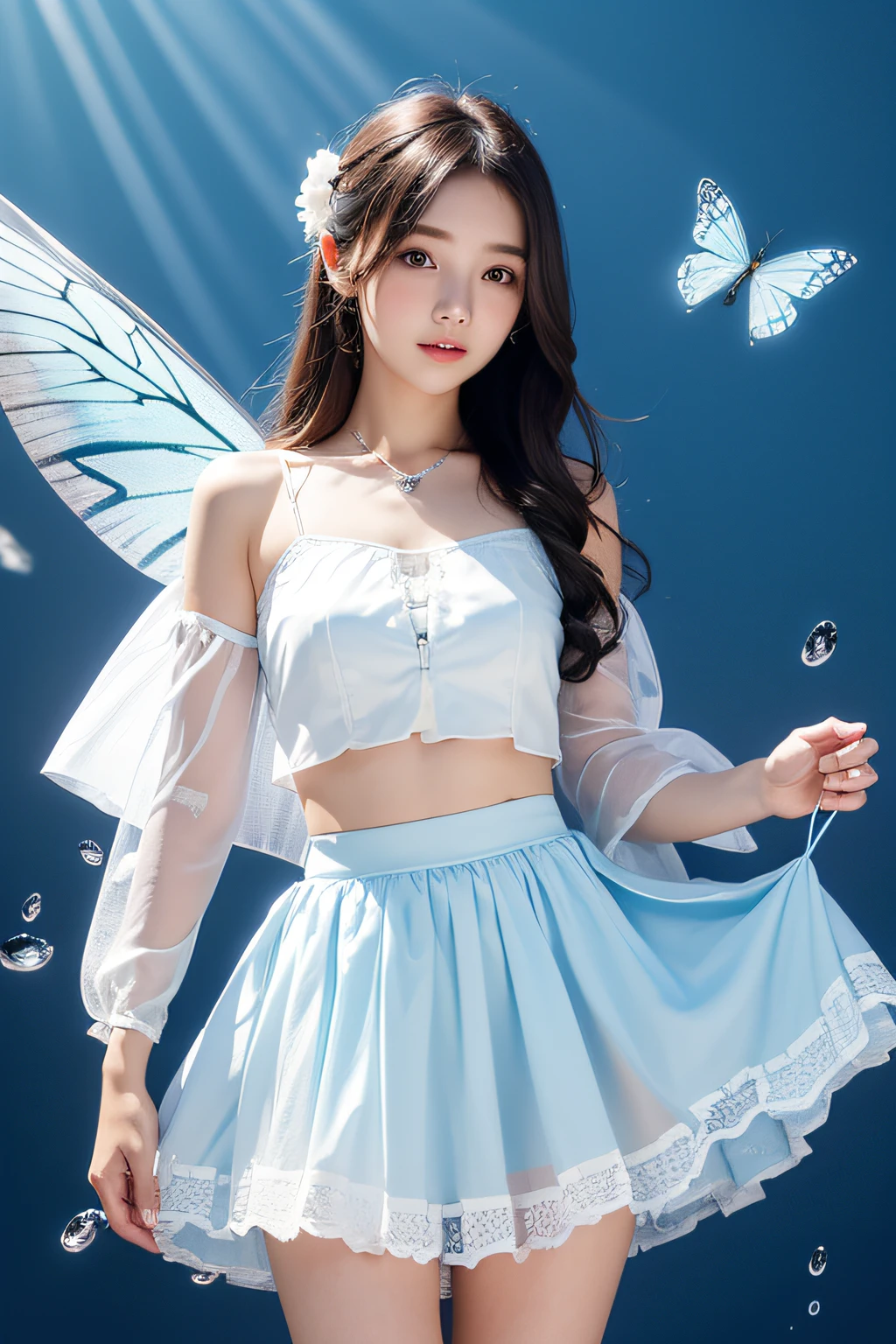 1 girl, Transparent water, Blue butterfly, Pure white gauze skirt, glinting