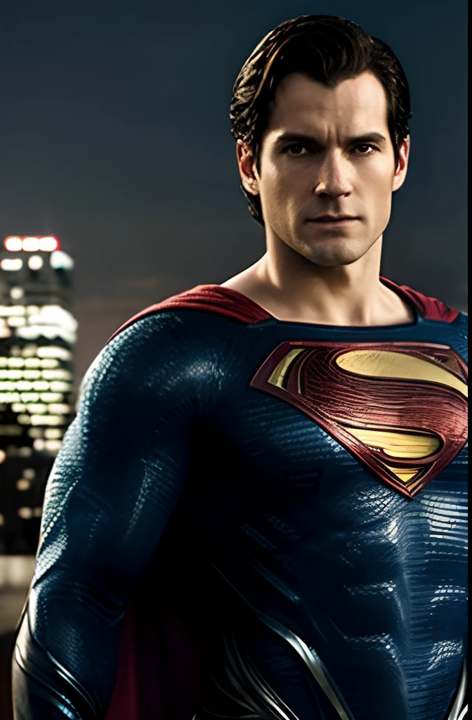 Create a half-body portrait of actor David Corenswet wearing the Superman costume from "Man of Steel." The scene features a blurred cityscape background with wind blowing his hair and a serious expression. Use the chiaroscuro technique to create striking contrast.