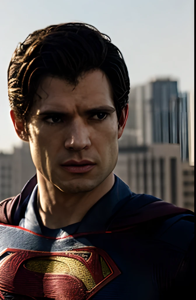 Create a half-body portrait of actor David Corenswet wearing the Superman costume from "Man of Steel." The scene features a blurred cityscape background with wind blowing his hair and a serious expression. Use the chiaroscuro technique to create striking contrast.