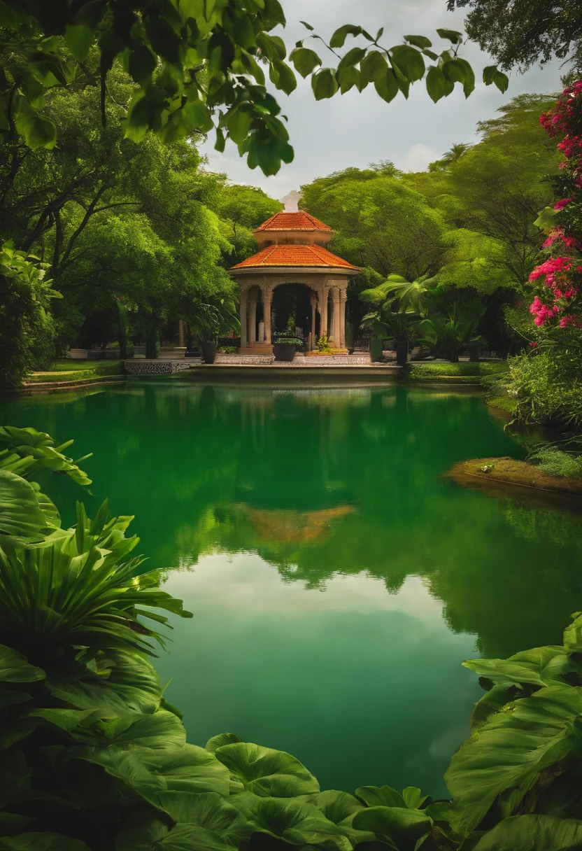 JARDIM DO EDEN VISTO ATRAVES DE UMA JANELA BEM FLORIDO COM UMA GRAMA VERDE E UM LAGO AO CENTRO
