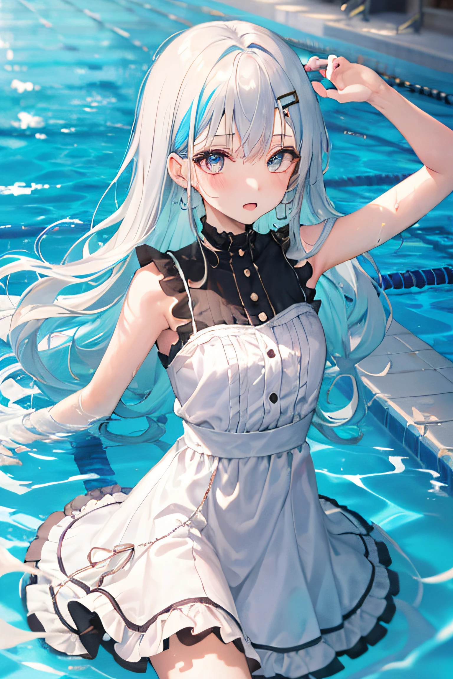 1girl in, (masutepiece:1.1), (Best Quality:1.1), Colorful mini dresses, sleeveless、(swimming pools :1.1), Cowboy Shots, silber hair, length hair, , verd s eyes, sideways Facing,