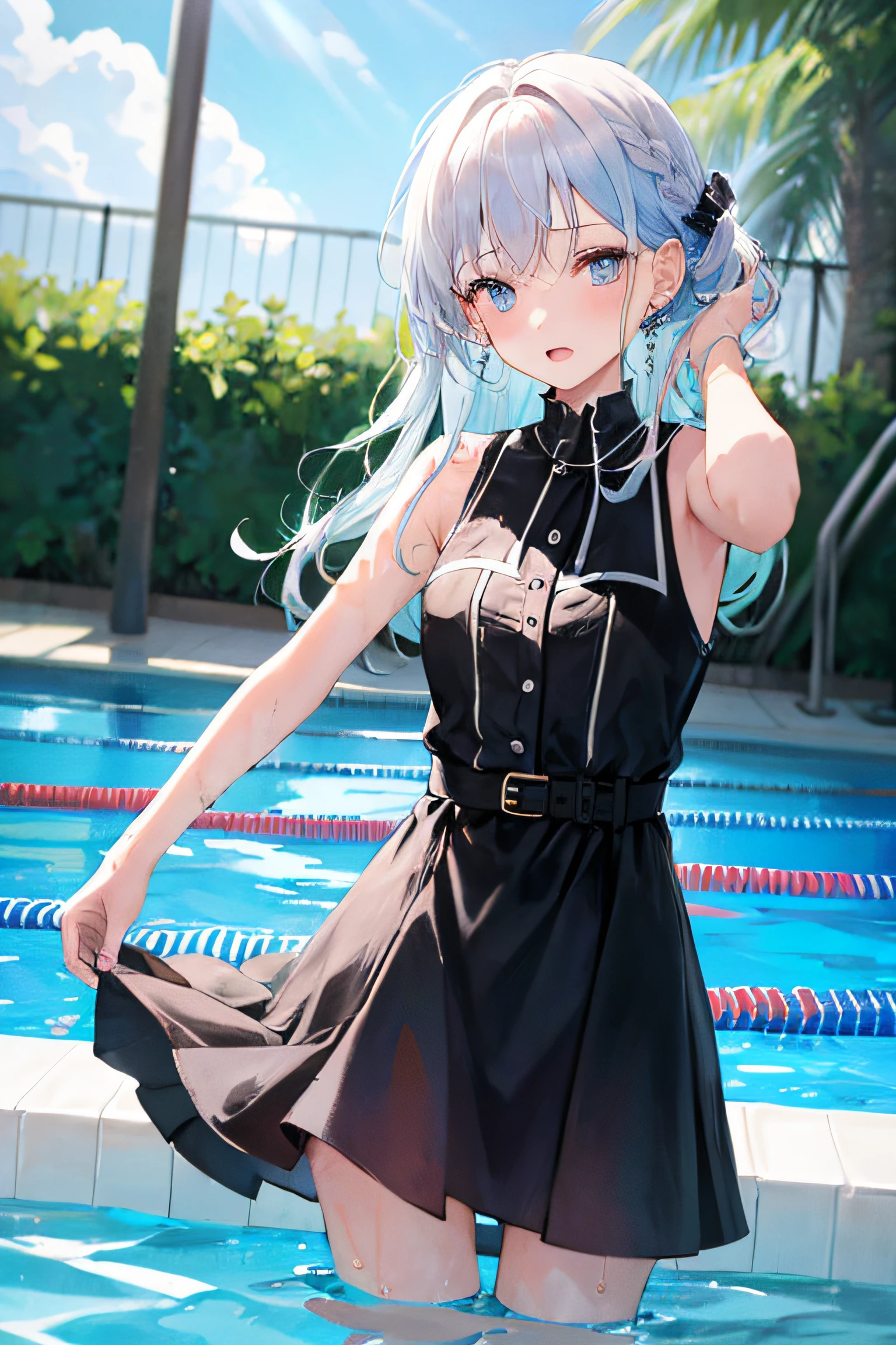 1girl in, (masutepiece:1.1), (Best Quality:1.1), Colorful mini dresses, sleeveless、(swimming pools :1.1), Cowboy Shots, silber hair, length hair, , verd s eyes, sideways Facing,