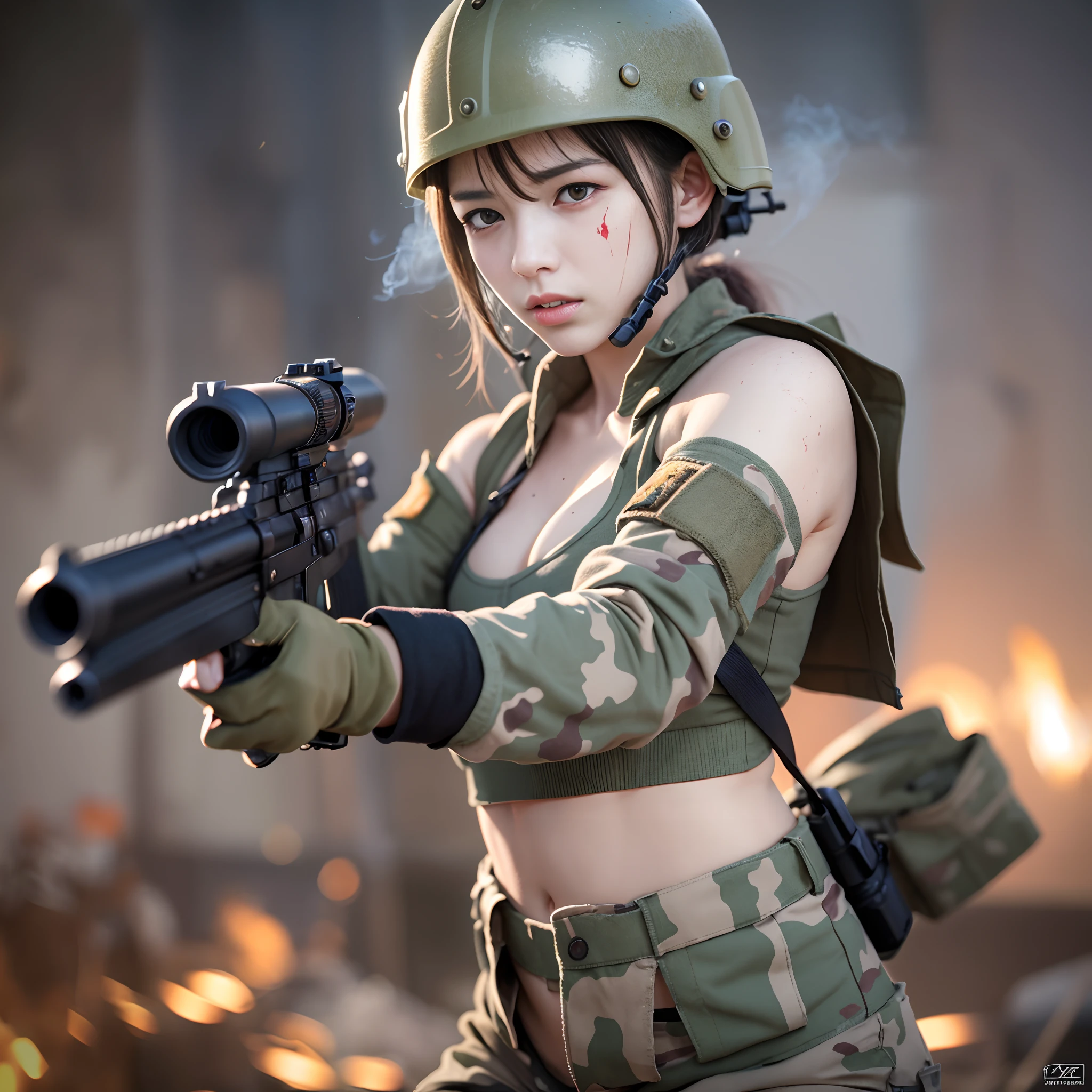  girl in beautiful Japan of Self-Defense Forces fighting on the battlefield, light muscles, world war, modern war theme, army girl, rifle, (holding a rifle: 1.3), (aiming and holding rifle: 1.3), soldier girl, infantry girl, shootout, air raid, air strike, military, camouflage uniform, burning vehicle, warzone, battlefield, war, ruins, explosion, burning city, smoke, ( helmet), torn tank top, belly button, gloves, torn military pants, face stained with mud and blood, sweaty skin, bloody skin, mud-stained skin, small, cleavage, sad expression of despair, painful expression, highest quality, ultra-high resolution, absurdity, realistic, physically based rendering, cinematic lighting, complex and cinematic appearance, cinematic soft light, soothing tone, battlefield background, urban war background, photorealistic, cowboy shot, dynamic angle