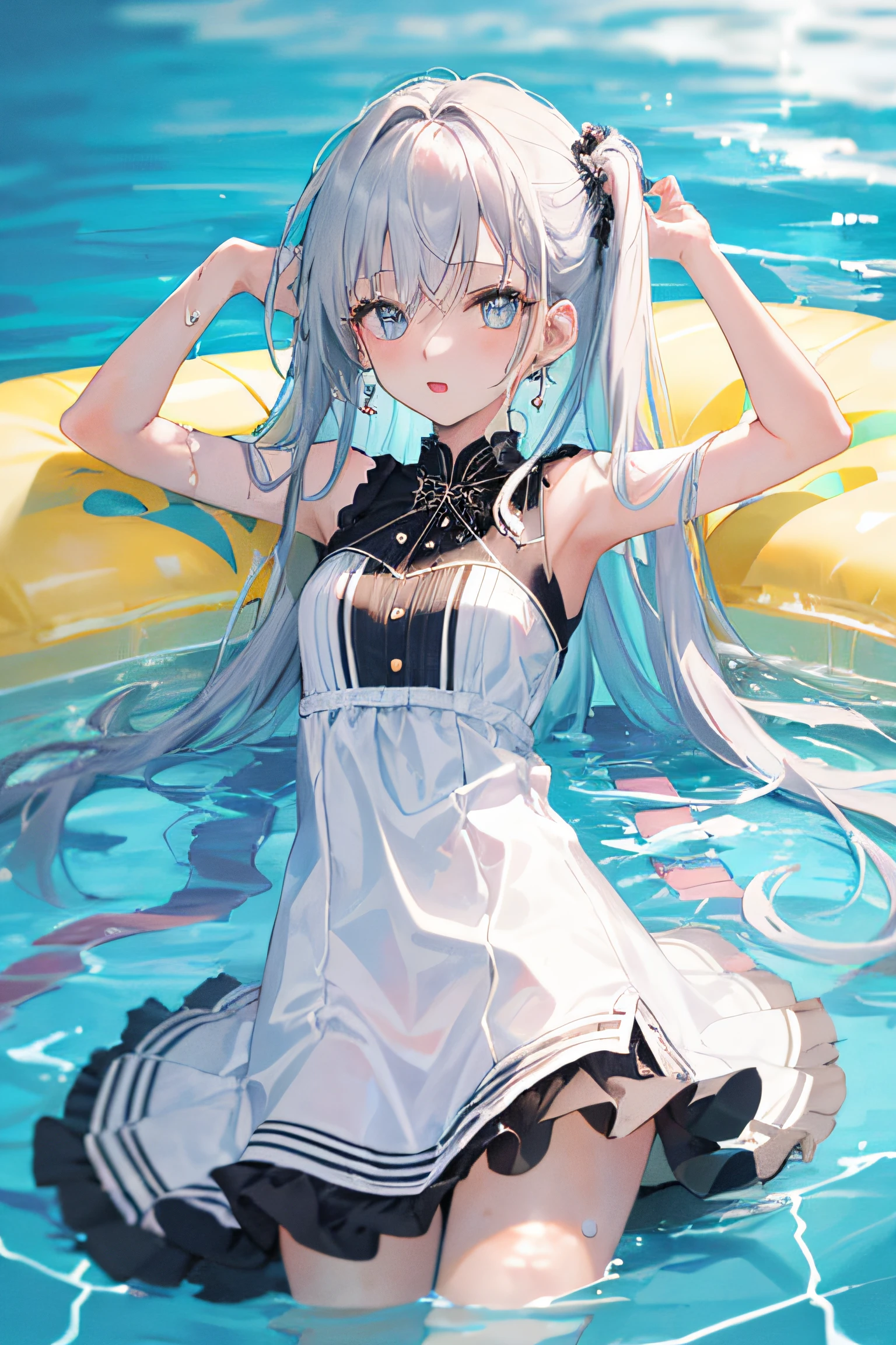1girl in, (masutepiece:1.1), (Best Quality:1.1), Colorful mini dresses, sleeveless、(swimming pools :1.1), Cowboy Shots, silber hair, length hair, , verd s eyes, sideways Facing,