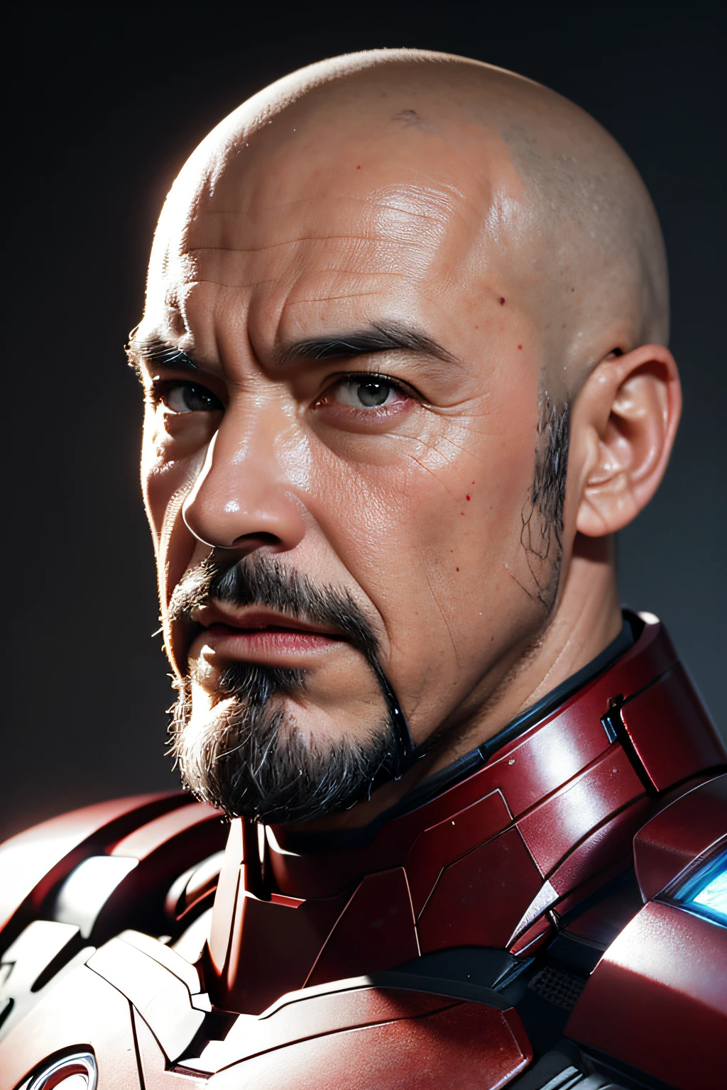 Marvel, Soon Iron Man, 50s, Realistically, Dynamic Lights, Old Man, Bald, short gray beard, Full Shot, (extremely detailed 8k CG unit wallpaper), Trending on ArtStation, Trending on CGSociety, high detailing, Focus Sharpening, Dramatic, Photorealistic