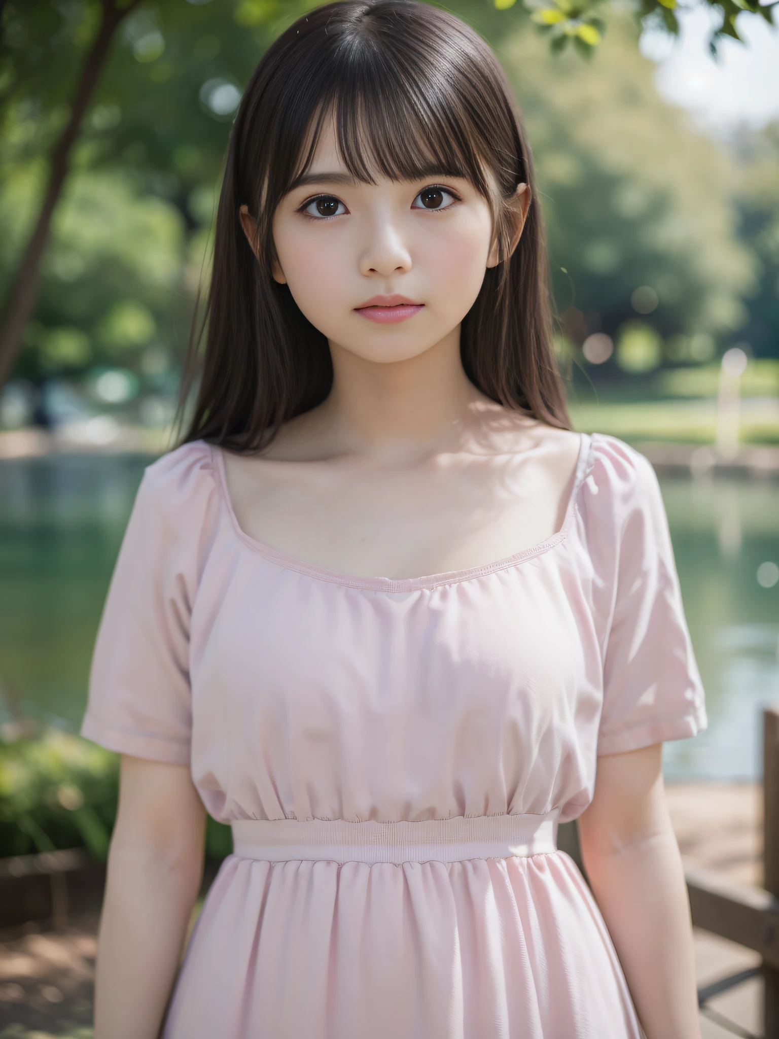 18year old, japanaese girl, Summer dress, (Face Focus) , hair scrunchie, , (High color saturation:1.0), (highlydetailed skin), (Best Quality:1.0), (超A high resolution:1.0) ,(photographrealistic:1.0), (ultra-detailliert:1.0), (8K, Raw photo:1.1), (Smile:0.7)