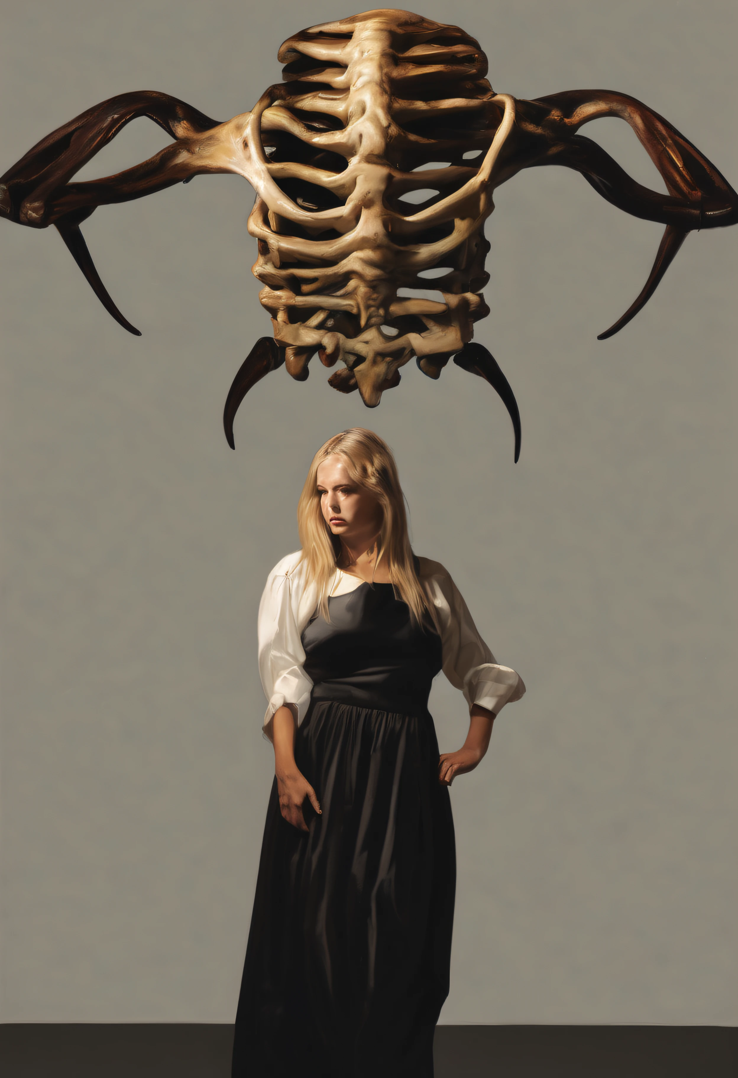 "(The best lighting, alto contraste, oscuro, dramatic),(Chica rubia junto a una cabra negra gigante, Open the rib cage, feto, autopsia, huesos humanos, sangre por las paredes). Luz Caravaggio"