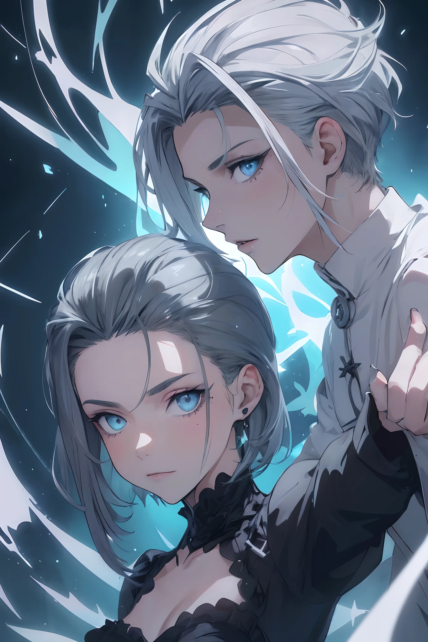 realista, (La mejor calidad, obra maestra:1.3),1demonio,solamente,
cabello plateado, pupilas brillantes, pelo corto, slicked-back hair, 
Ahuecamiento de manos, Holding fluorescent bird ,  Discurso BrillantesAI_pale blue
grey background,