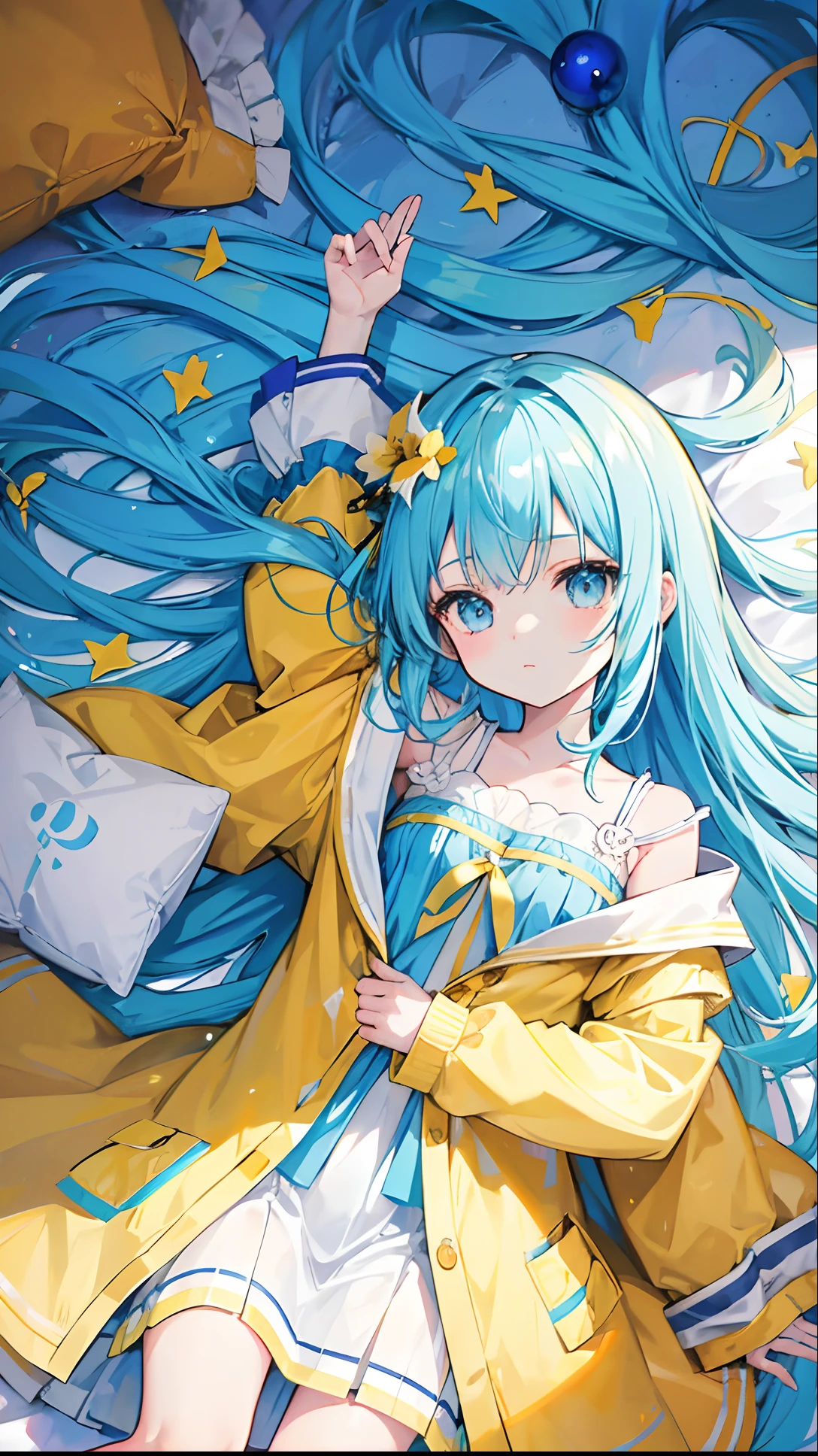 Glowing light bluish yellow with hair and pupils,Clothes in blue, yellow and white,Sweet loli girl,The whole is shining