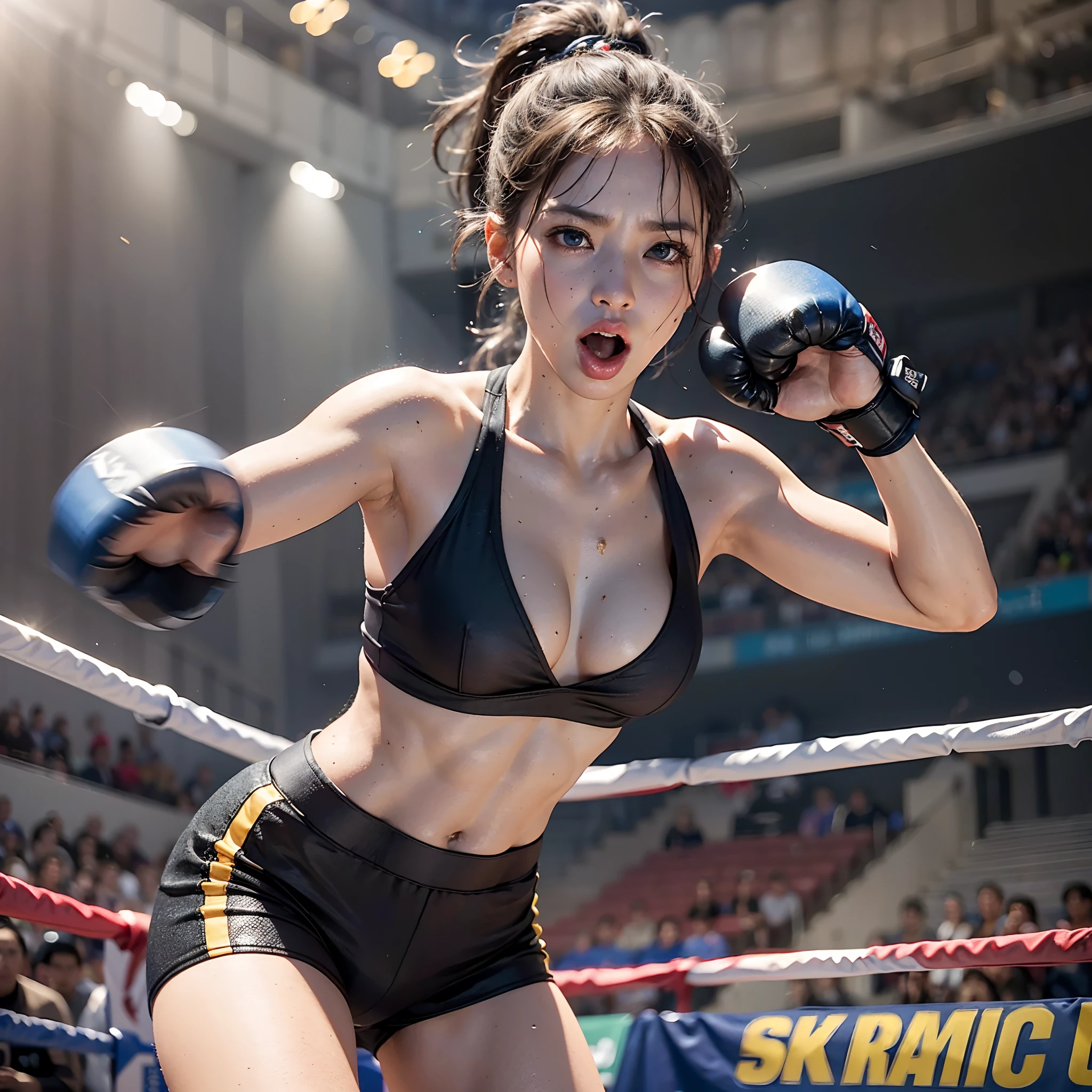 8k, best quality, masterpiece, realistic, real person, Unity 8k wallpaper, (1 girl) , Beautiful eyes, (Delicate face) , Perfect detail, (best lighting) , (super complex details) , (boxing girl) , (sexy), sweat, heavy breathing, ((screaming with big mouth open))))(oppressive aggression) , (boxing ring), athletic shorts, perfect detail, perfect fingers, perfect limbs, impact, (shiny skin), abs, muscles, big tits, waistline,boxing shorts, fist fight, black hair, high ponytail, very long hair, 4k unified, (super detail cg: 1.2), (8k: 1.2), realistic, octane rendering, (((martial arts tournament at the Greek Colosseum))), sunshine strong, audience seats are super full