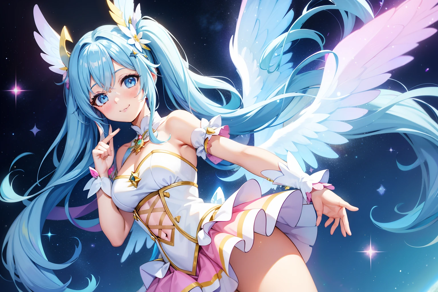 Super Idol　a beauty girl　A charming smile　sky blue hair　length hair　Twin-tailed　Glittery bright pink and white and blue and yellow outfit　facing front　7 colors of angel great wings on the back　Mystical　Fantasia　constellation　a moon　Crystal Brilliance　Aurora Borealis in the Night Sky　Angelic aura