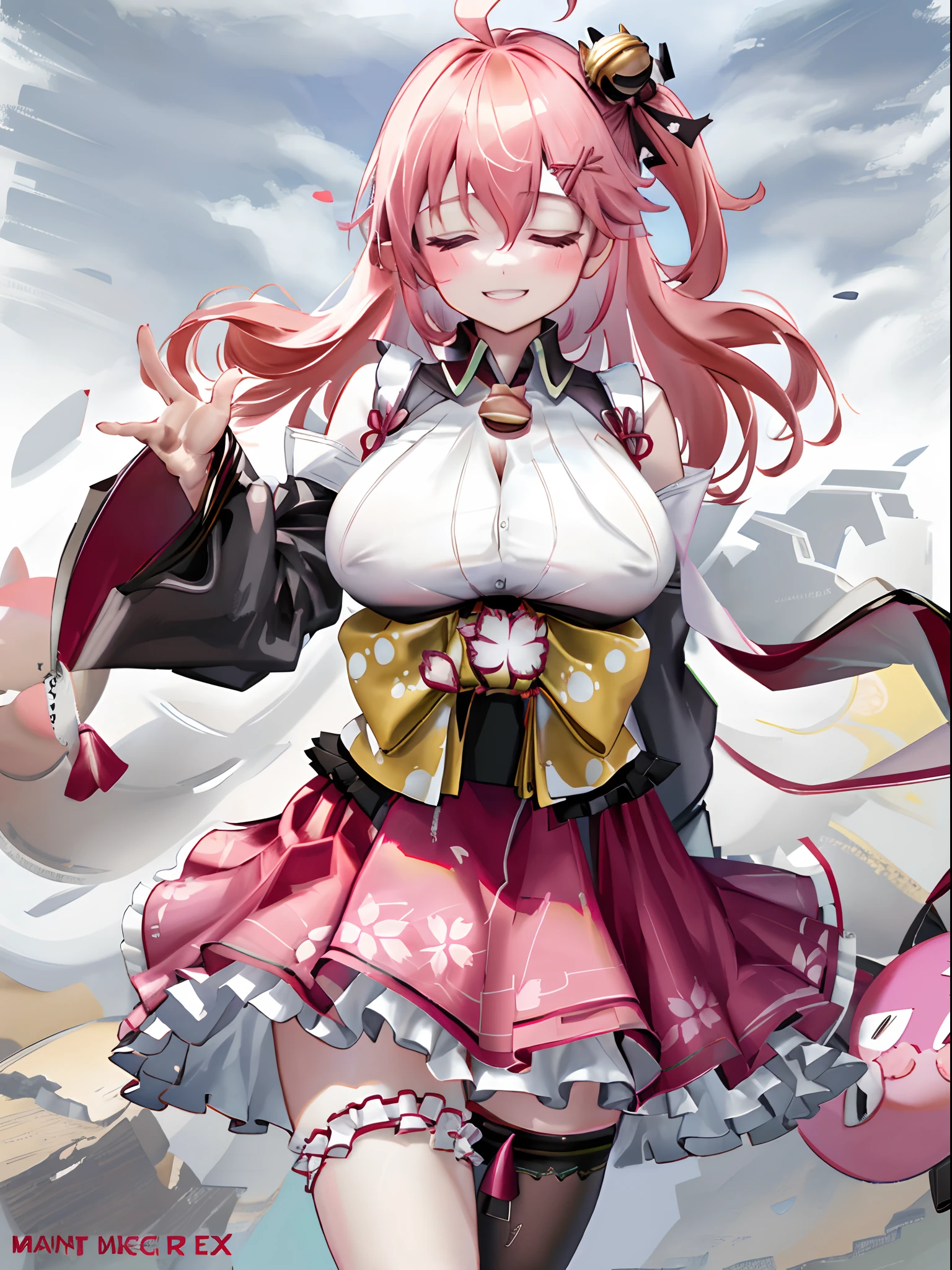 masutepiece, Best_Quality, hight_resolution, highres, miko1, sakura miko, 1girl, solo, ahoge, x hair ornament, pink hair, single thighhigh, floral print, hairclip, sideboob, hair bell, floral print, long hair, hair between eyes, one side up, white thighhighs, asymmetrical legwear, wide sleeves, cowboy shot, smile, waving, street, black thighhighs, Pink hair, Red_skirt, (very_short_skirt:1.5), plaid skirts, garter_strap, hair clips, frilld, Bangs, hair between eye, frills skirt,Pleated skirt, Hair Flower, Neck bell, , puffy long sleeves, Black bow, Underbust, Cowboy Shot,Smile, (gigantic_breasts:1.3),(covered_nipples:1.3), covered_pussy,(closed_eyes:1.3), (happy:1.5), childlike_posing,spread_legs,(childlike_smile:1.4),plump,open_mouth, (open_clothes:1.2),cleavage,(Panty_shot:1.3),(apart_legs:1.3)