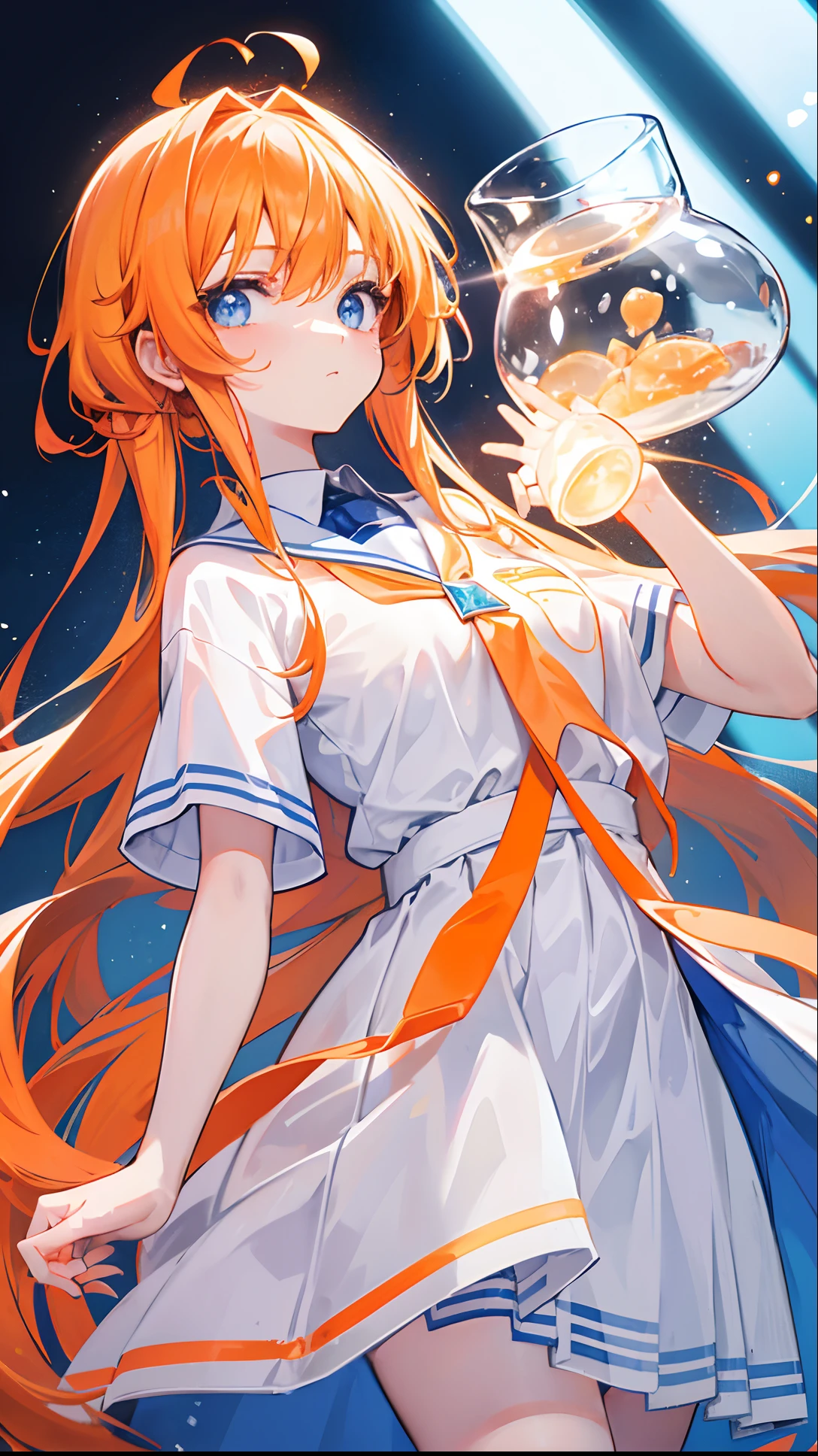 Glowing light orange with hair and pupils,They are also fluorescent,A school uniform in a glowing blue and white color,Very tender and shiny face,It also fluoresces,With a silver crystal pendant,The whole is shining,It's a sweet loli girl