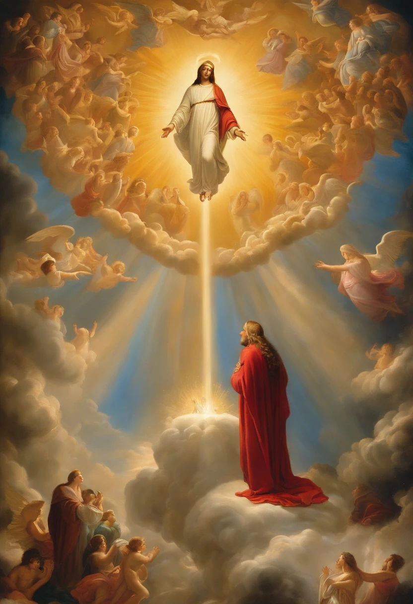 Oil painting of Jesus descending from the heavens of dark clouds, several people below, biblical apocalypse