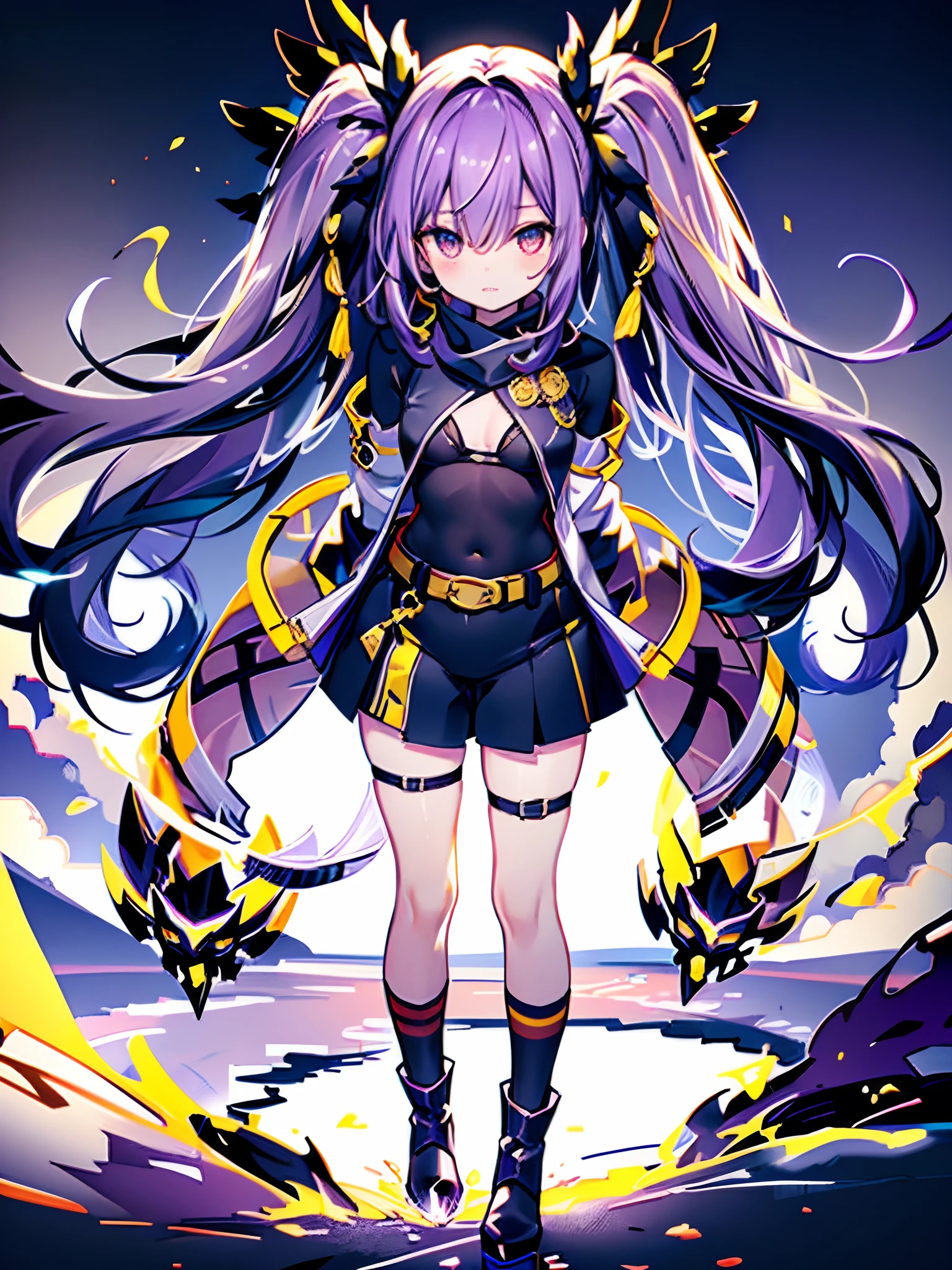 Golden Eyes、(Best Quality,4K,8K,hight resolution,),Ultra-detailed,Golden Eyes,Golden Eyes,(Curly,Wavy) Black-purple hair,Black tank top, White Hot Pants, Purple tights, long boots, adventurer, Standing Pose, White jacket、small stature、Colossal tits、Navel Ejection、look down from above、full body seen、Dynamism、Golden Eyes、Long belt、Purple Thunder、Mole under the eyes