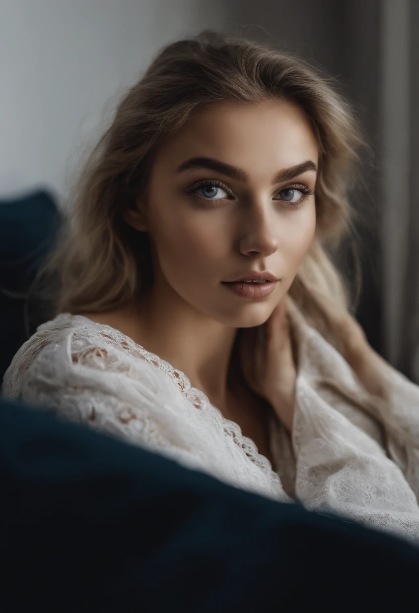 Arafed woman completely , fille sexy aux yeux bleus, ultra realist, Meticulously detailed, Portrait Sophie Mudd, cheveux blonds et grands yeux, selfie of a young woman, Yeux de chambre, Violet Myers, sans maquillage, maquillage naturel, looking straight at camera, Visage avec Artgram, Maquillage subtil, Great photo of the whole body kneeling on the bed, dans la chambre, Bust of medium size to large mixed breed