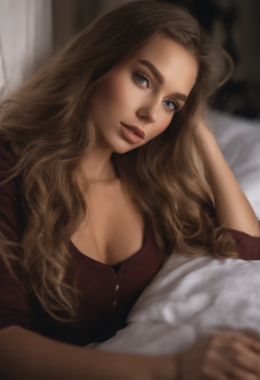 Arafed woman completely , fille sexy aux yeux bleus, ultra realist, Meticulously detailed, Portrait Sophie Mudd, cheveux blonds et grands yeux, selfie of a young woman, Yeux de chambre, Violet Myers, sans maquillage, maquillage naturel, looking straight at camera, Visage avec Artgram, Maquillage subtil, Great photo of the whole body kneeling on the bed, dans la chambre, Bust of medium size to large mixed breed