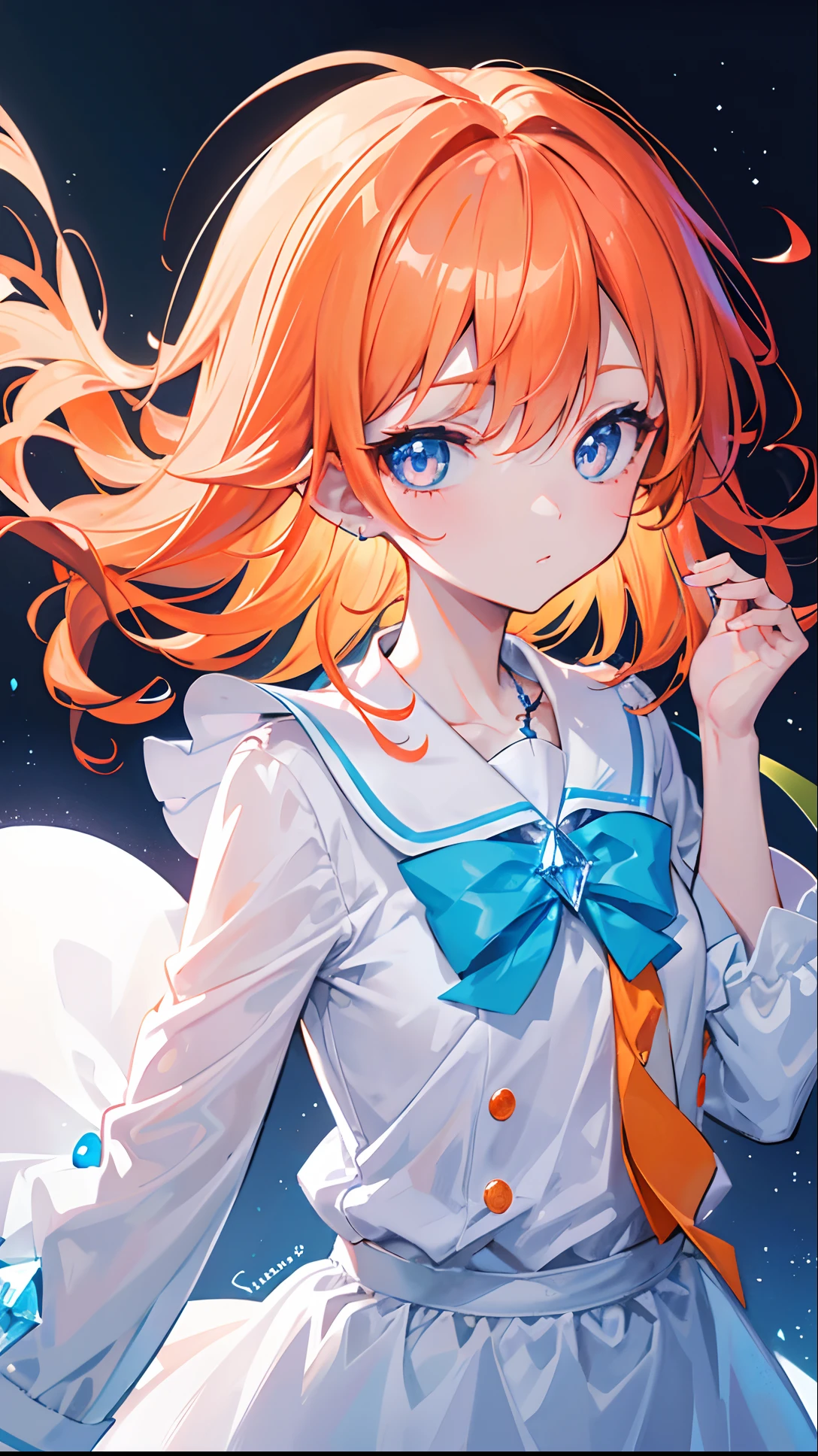 Glowing light orange with hair and pupils，They are also fluorescent，A school uniform in a glowing blue and white color，Very tender and shiny face，It also fluoresces，With a silver crystal pendant，The whole is shining，It's a sweet loli girl