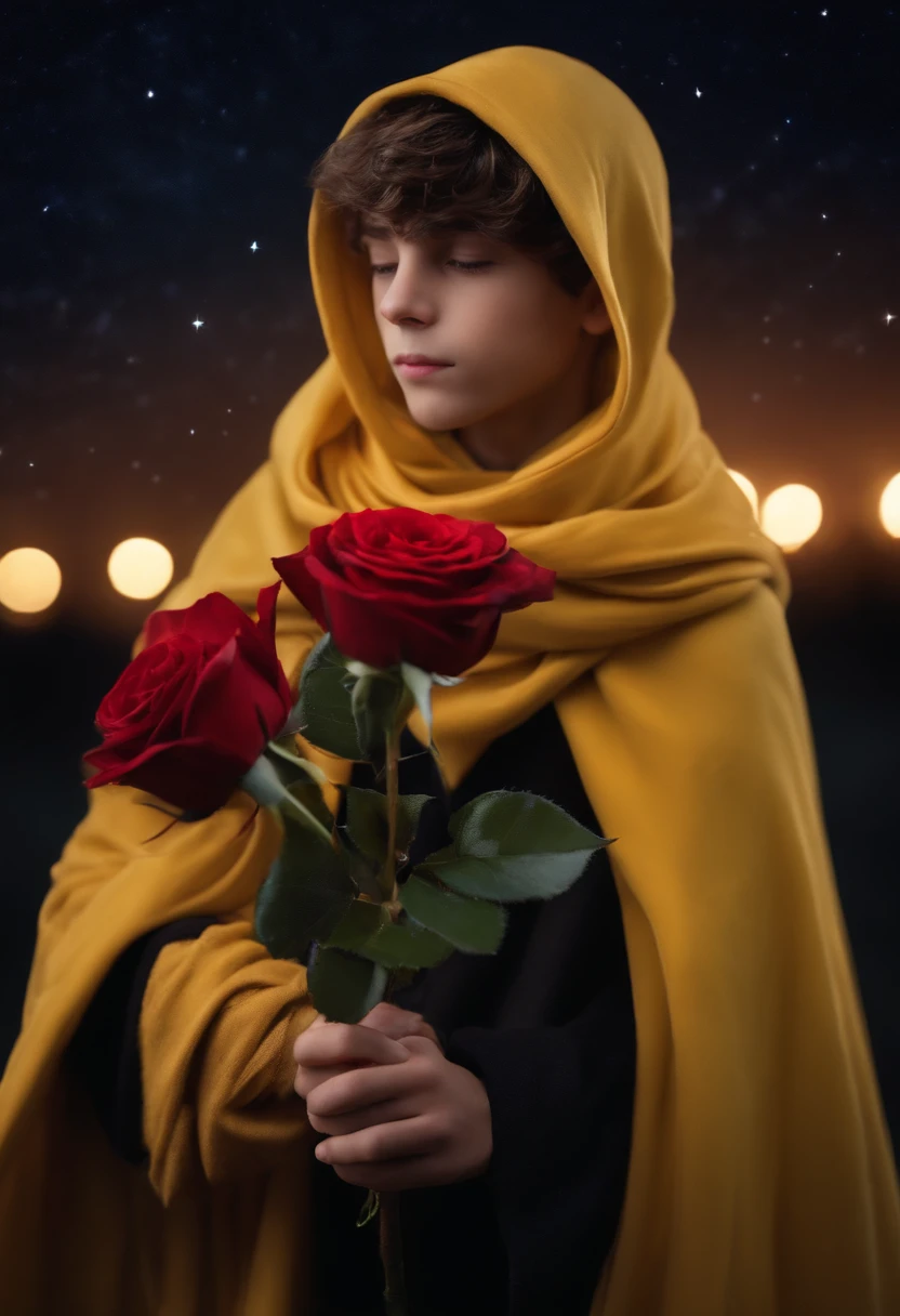 Prince boy of 15 years old in yellow cloak with star scarf stretches out his hand to a red rose against the background of a starry sky.