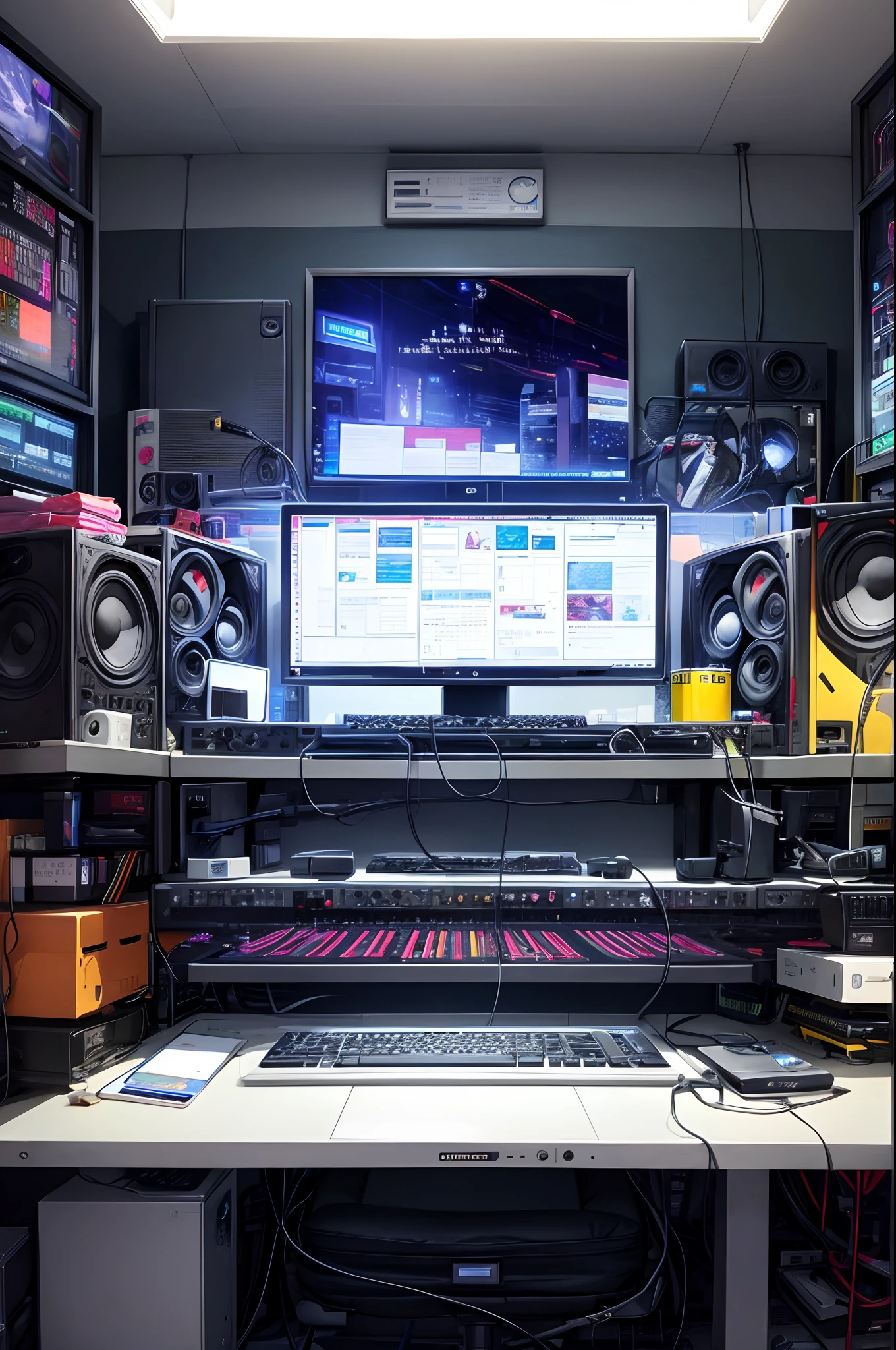 personal computers、Numerous monitors、Music Production Status、dim room、Girl typing on keyboard、Put on headphones、Lots of guitars around、A can of energy drink on the table、