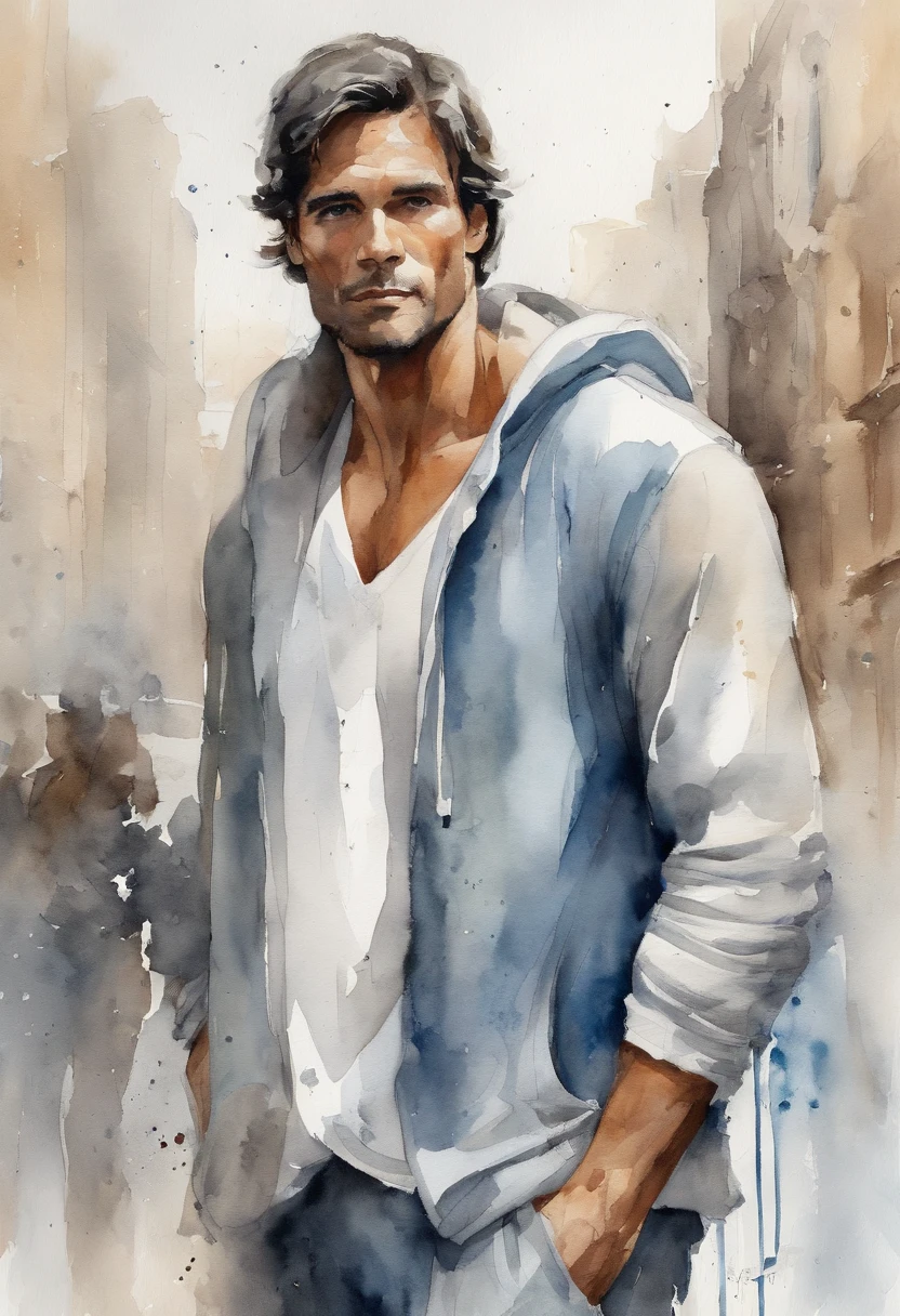 tall man, black hair with blonde highlights, wearing white plain hoodie, baggy pants, intense muscles, blue eyes, city