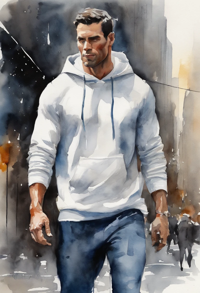 tall man, black hair with blonde highlights, wearing white plain hoodie, baggy pants, intense muscles, blue eyes, city