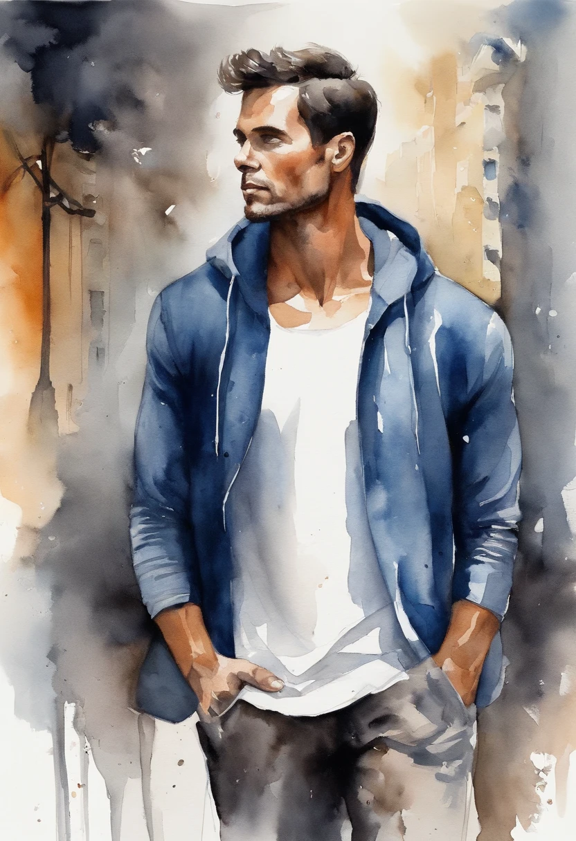 tall man, black hair with blonde highlights, wearing white plain hoodie, baggy pants, intense muscles, blue eyes, city
