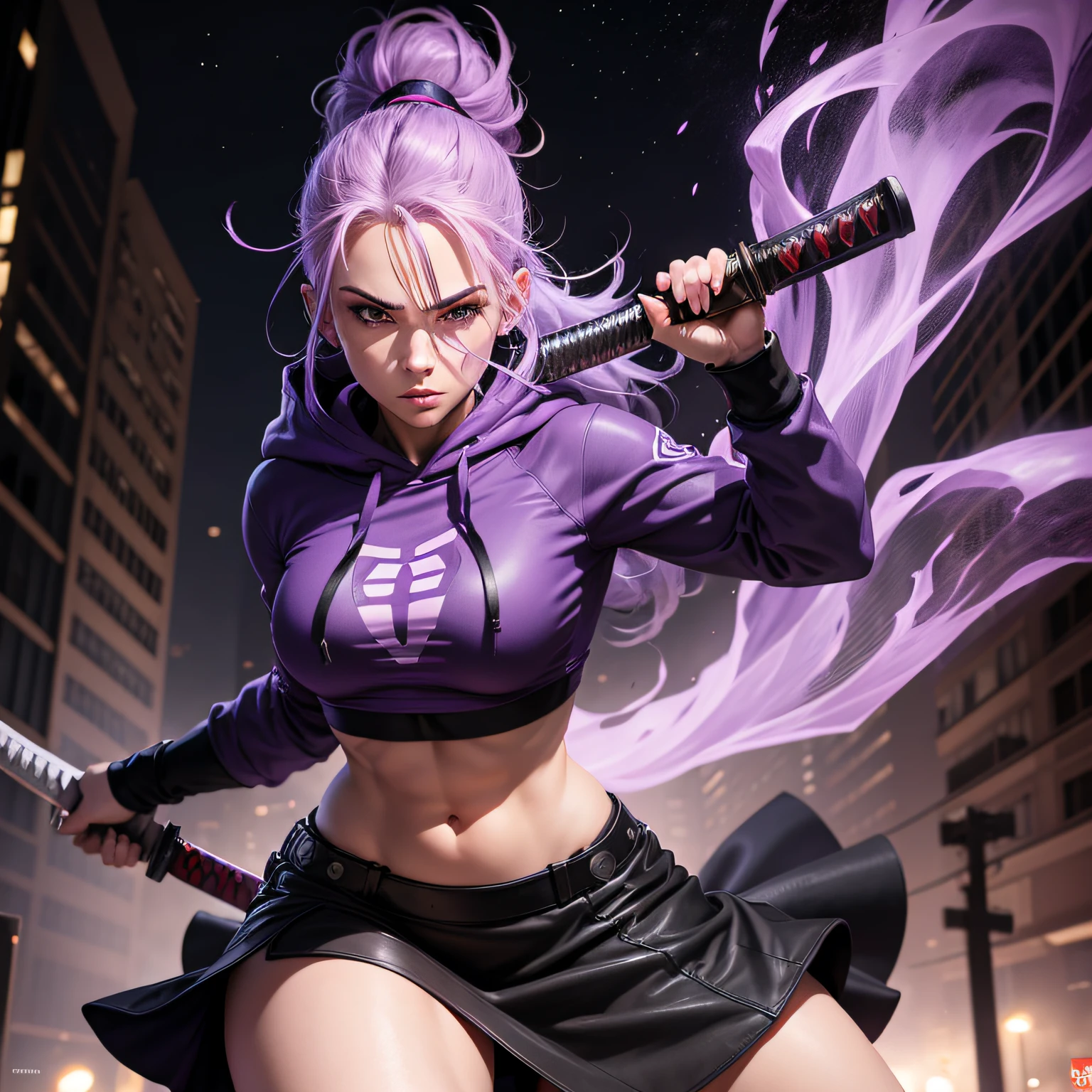 graphic novel style, ready to fight a villain, houston texas, night time, purple smoke, one beautiful crime fighting model, caucasian with light purple hair, 23 years old, black hoodie, midriff, skirt, pony tail, holding katana, surrounded by enemies