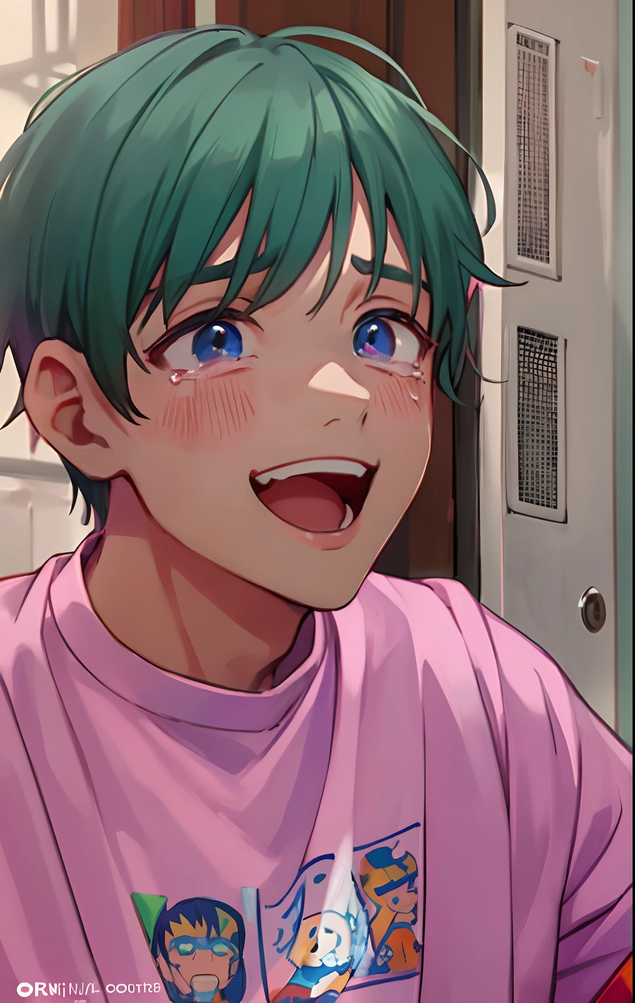 anime boy with green hair and blue eyes in a pink shirt, kawaii realistic portrait, giga chad crying, smileing nright, [[[[grinning evily]]]], anime boy, 8k!, gapmoe yandere, anime moe artstyle, young anime man, painted in anime painter studio, made with anime painter studio, joyful smirk