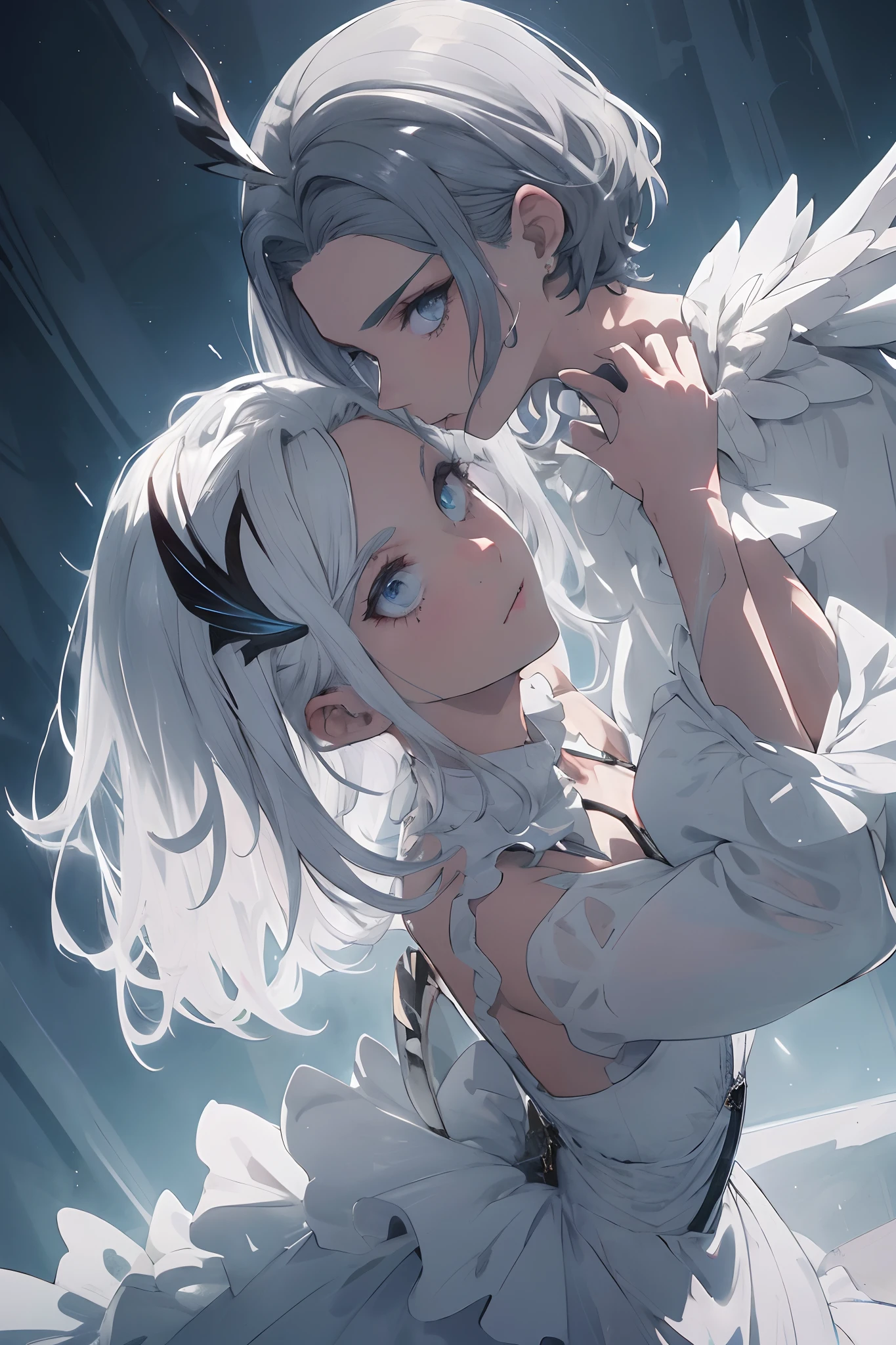 realista, (La mejor calidad, obra maestra:1.3),1demonio,solamente,
cabello plateado, pupilas brillantes, pelo corto, slicked-back hair,
Ahuecamiento de manos, Holding fluorescent bird , Discurso BrillantesAI_pale blue
grey background,