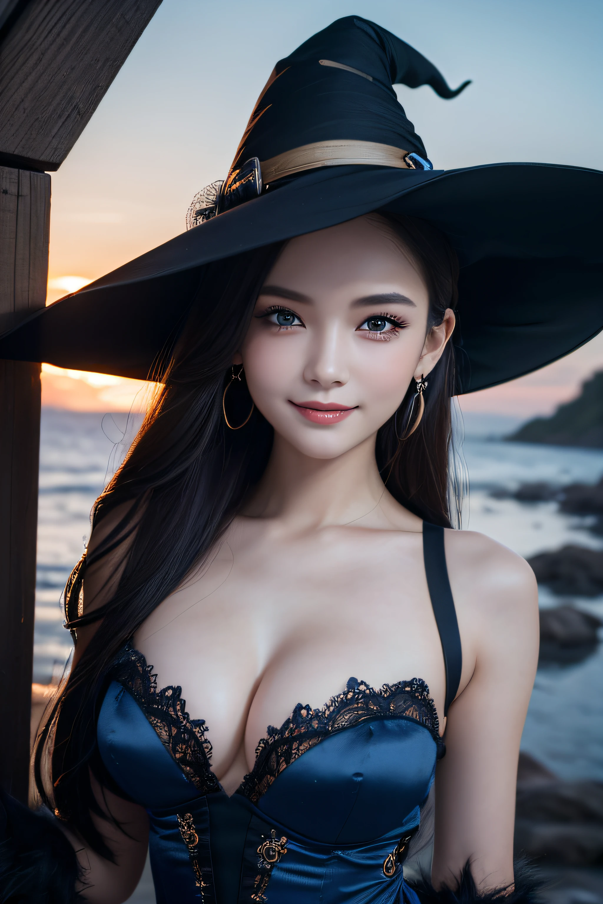 ((Best Quality, 8K, Masterpiece: 1.3)),Sharp: 1.2,Perfect Body Beauty: 1.4,cute girl,Highly detailed face and skin texture,detailed eyes,double eyelids,((fantasy)),((witch)),smile,wide shot,blue hour