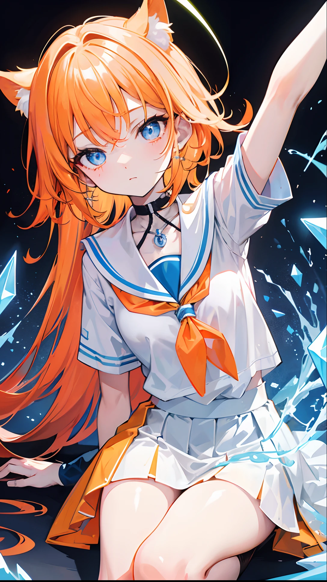 Glowing light orange with hair and pupils,They are also fluorescent,A school uniform in a glowing blue and white color,Very tender and shiny face,It also fluoresces,With a silver crystal pendant,The whole is shining,It's a sweet girl