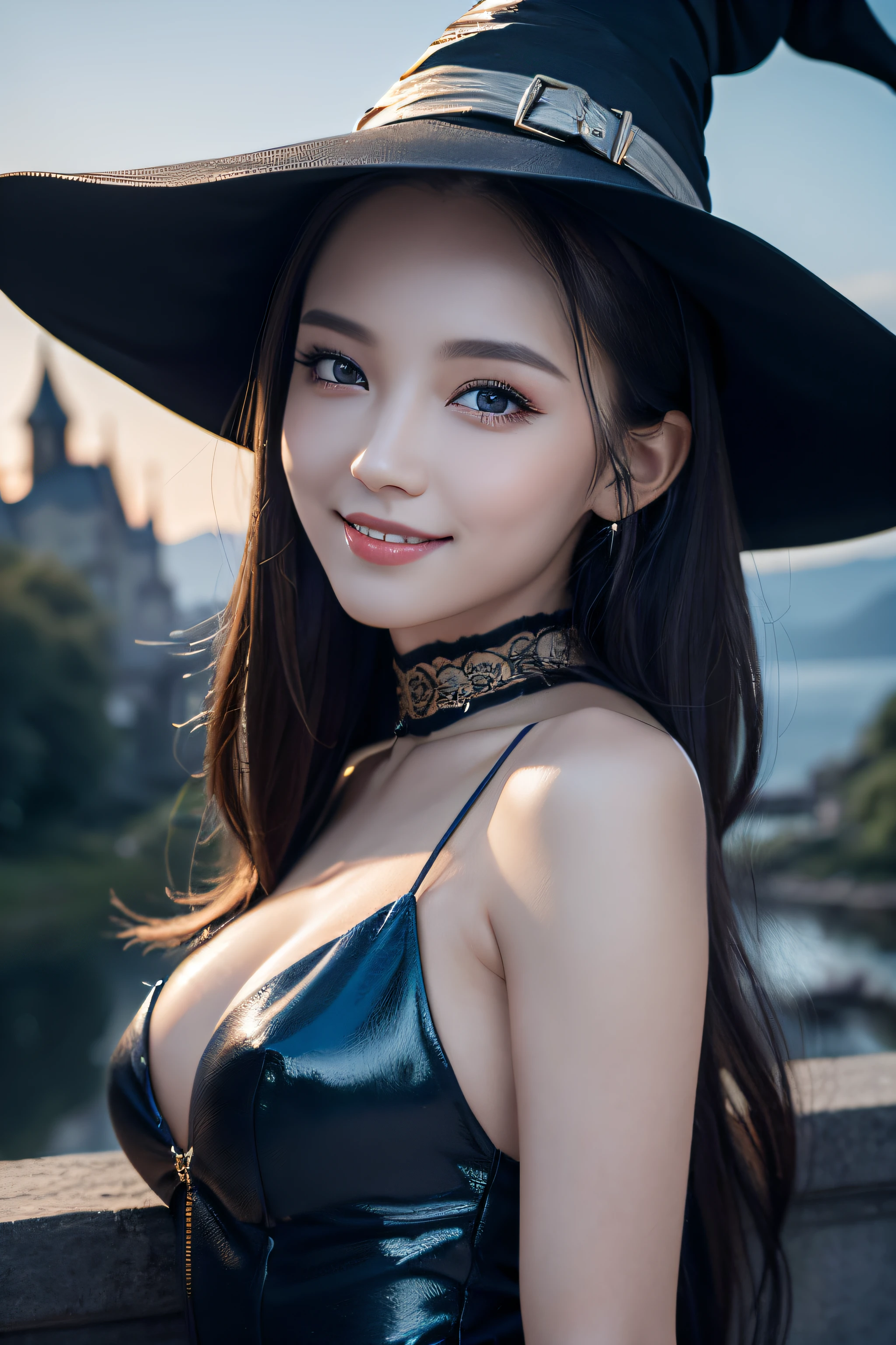 ((Best Quality, 8K, Masterpiece: 1.3)),Sharp: 1.2,Perfect Body Beauty: 1.4,cute girl,Highly detailed face and skin texture,detailed eyes,double eyelids,((fantasy)),((witch)),smile,wide shot,blue hour