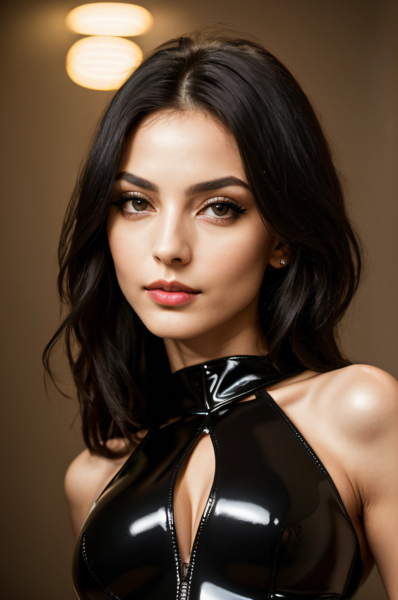 slim waist, (sharp focus:1.2), portrait, ((posing)), (beautiful face:1.1), detailed eyes, luscious lips, ((skindentation)), (bright studio lighting:1.2), depth of field, bokeh, 4K, HD, black hair, black eyes, dominatrix, latex, leather, jumpsuit