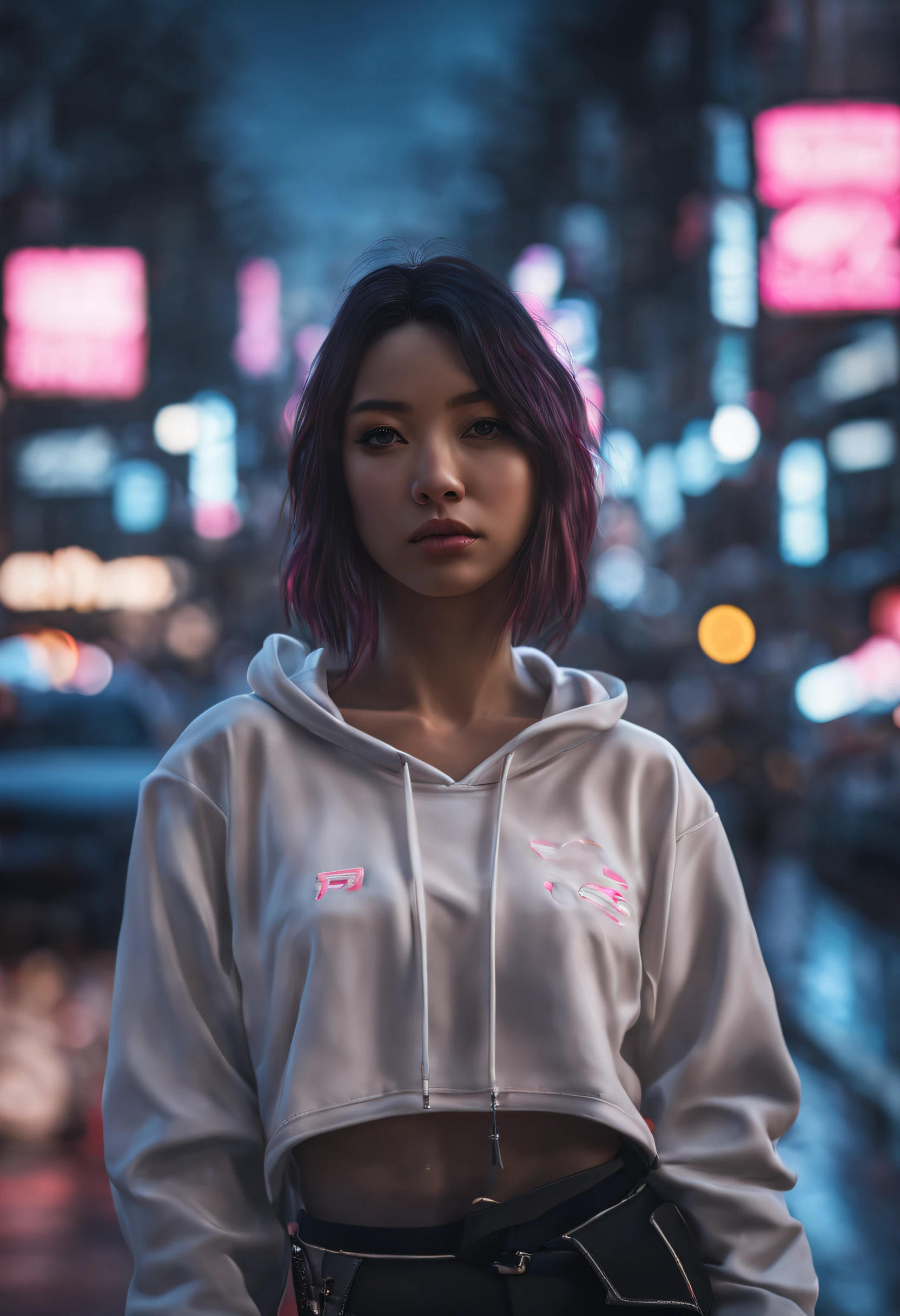 hyper realistic, view angle from the sky, ultra detailed full body shot of woman in Night City, Ultra perfectly detailed car Nissan Silvia s14, around road sakura trees, Cyberpunk theme, white hoodie, T-shirt, black skirt, necklace, high-future vibes, head to toe image, depth of field, hyper detailed gorgeous face, natural body posture, trending on Artstation, 64k, ultra detailed, ultra accurate detailed, surrealism, ultra unreal engine, epic, freckles, stomach, legs,