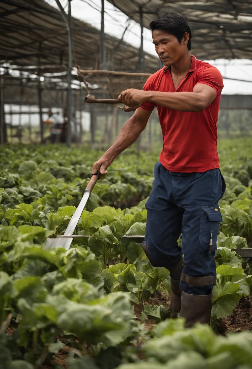 Corpo definido: Due to hard work in the field, This Japanese man is likely to have an athletic and defined body. Your muscles will be well developed due to the demanding physical tasks you perform on a daily basis.Tez morena: Due to constant exposure to the sun, The skin of this field worker will likely have a darker hue. This is a result of prolonged exposure to the sun's rays while working under the open sky.Roupas de trabalho: He will wear practical clothes for work in the field, such as cotton pants or worn-out jeans and a bandana or cap to protect yourself from the sun. Their shirtlessness is common in hot weather and during intense physical activity.Ferramentas de trabalho: It will likely carry work tools, como enxadas, Scythes or other agricultural equipment, demonstrating your dedication to agriculture.Age and expression: A idade desse trabalhador pode variar, But his calloused hands and a serious or concentrated facial expression are common, mostrando a seriedade com a qual ele encara seu trabalho.Respect for tradition: Many farmworkers in Japan have a strong connection to the country's cultural traditions and values. This can be reflected in their actions and the farming techniques they employ.health and vitality: The physical nature of their work contributes to good health and vitality, and he can exhibit an upright posture and a sense of strength