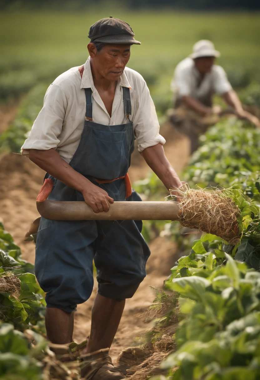 Corpo definido: Due to hard work in the field, This Japanese man is likely to have an athletic and defined body. Your muscles will be well developed due to the demanding physical tasks you perform on a daily basis.Tez morena: Due to constant exposure to the sun, The skin of this field worker will likely have a darker hue. This is a result of prolonged exposure to the sun's rays while working under the open sky.Roupas de trabalho: He will wear practical clothes for work in the field, such as cotton pants or worn-out jeans and a bandana or cap to protect yourself from the sun. Their shirtlessness is common in hot weather and during intense physical activity.Ferramentas de trabalho: It will likely carry work tools, como enxadas, Scythes or other agricultural equipment, demonstrating your dedication to agriculture.Age and expression: A idade desse trabalhador pode variar, But his calloused hands and a serious or concentrated facial expression are common, mostrando a seriedade com a qual ele encara seu trabalho.Respect for tradition: Many farmworkers in Japan have a strong connection to the country's cultural traditions and values. This can be reflected in their actions and the farming techniques they employ.health and vitality: The physical nature of their work contributes to good health and vitality, and he can exhibit an upright posture and a sense of strength