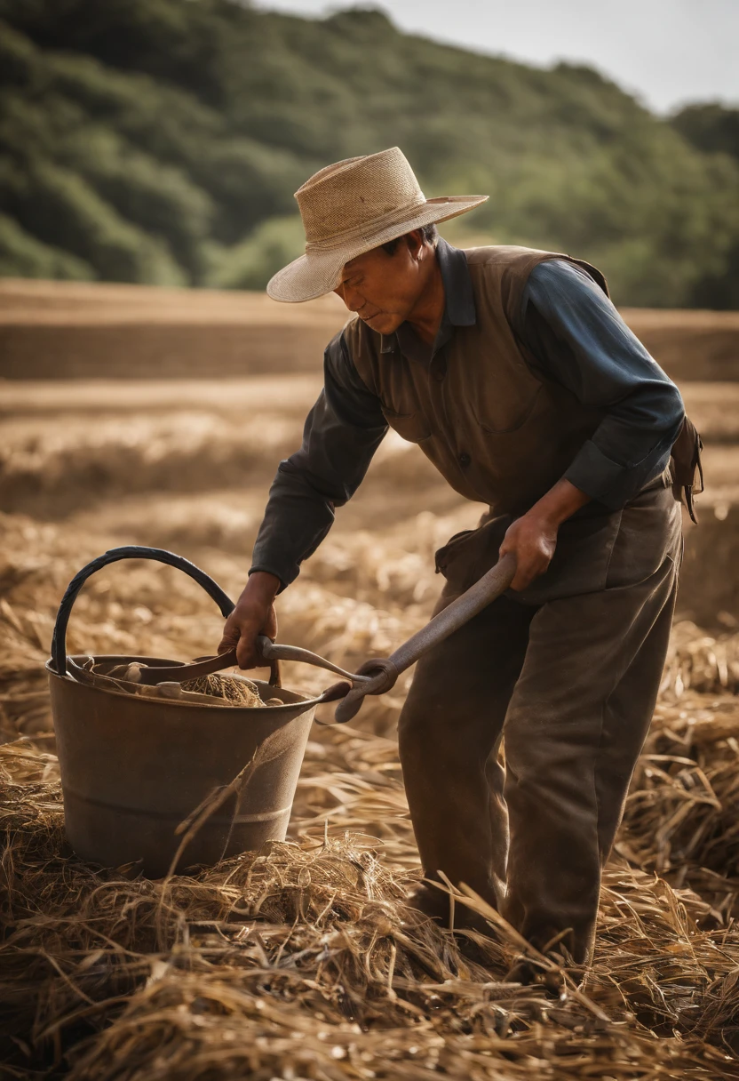 Corpo definido: Due to hard work in the field, This Japanese man is likely to have an athletic and defined body. Your muscles will be well developed due to the demanding physical tasks you perform on a daily basis.Tez morena: Due to constant exposure to the sun, The skin of this field worker will likely have a darker hue. This is a result of prolonged exposure to the sun's rays while working under the open sky.Roupas de trabalho: He will wear practical clothes for work in the field, such as cotton pants or worn-out jeans and a bandana or cap to protect yourself from the sun. Their shirtlessness is common in hot weather and during intense physical activity.Ferramentas de trabalho: It will likely carry work tools, como enxadas, Scythes or other agricultural equipment, demonstrating your dedication to agriculture.Age and expression: A idade desse trabalhador pode variar, But his calloused hands and a serious or concentrated facial expression are common, mostrando a seriedade com a qual ele encara seu trabalho.Respect for tradition: Many farmworkers in Japan have a strong connection to the country's cultural traditions and values. This can be reflected in their actions and the farming techniques they employ.health and vitality: The physical nature of their work contributes to good health and vitality, and he can exhibit an upright posture and a sense of strength