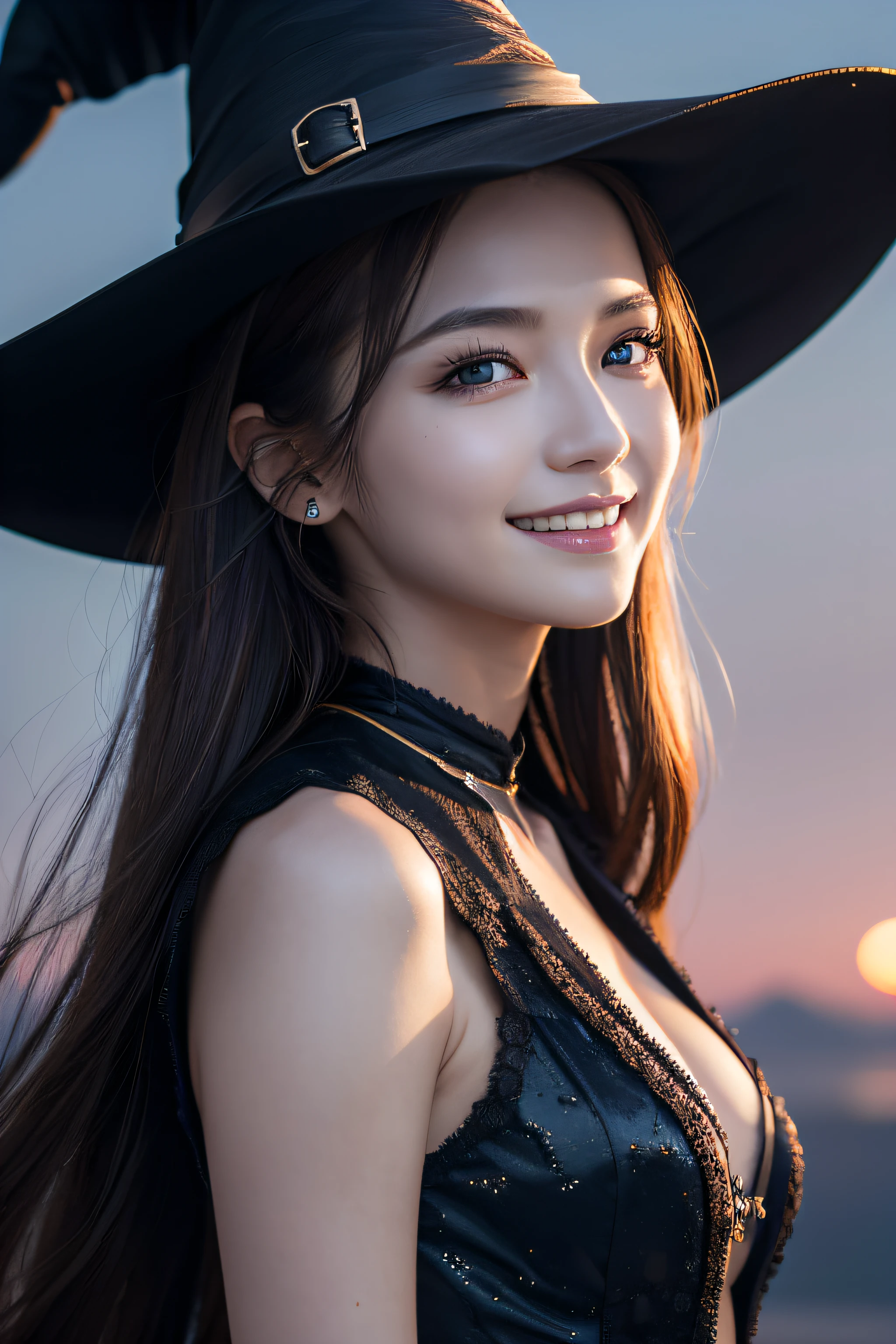 ((Best Quality, 8K, Masterpiece: 1.3)),Sharp: 1.2,Perfect Body Beauty: 1.4,cute girl,Highly detailed face and skin texture,detailed eyes,double eyelids,((fantasy)),((witch)),smile,wide shot,blue hour