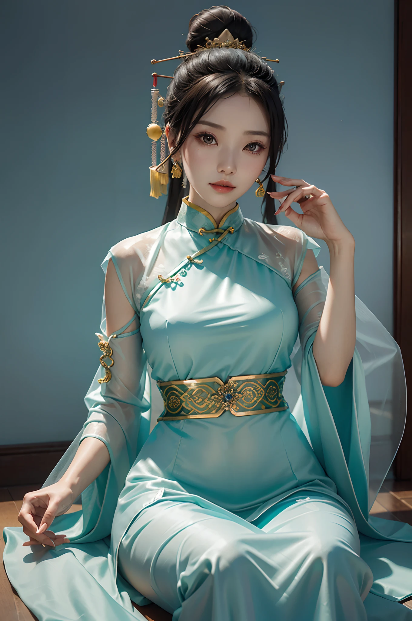 An Arad woman in a green cheongsam sits on a windowsill, cute anime waifu in a nice dress, trending on cgstation, 8K high quality detailed art, black lence stockings, highly detailed exquisite fanart, Extremely detailed Artgerm, the anime girl is crouching, on cheongsam, beautiful and seductive anime woman, WLOP and Sakimichan