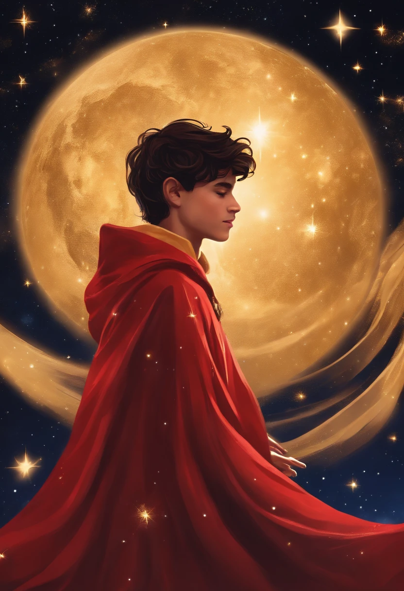 Prince boy of 15 years old in a yellow cloak with a star trail stretches out his hands to a red rose against the background of a starry sky.