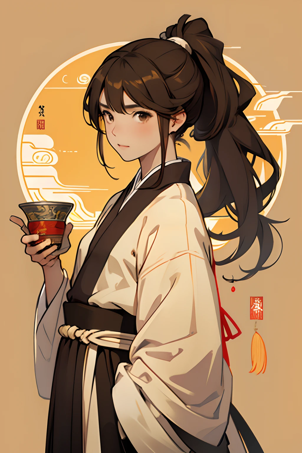 a girl in white and yellow chothes, hair bang, brown hair, brown eyes, long ponytail hair , ancient china, flat background, wearing hanfu, chinese pattern background