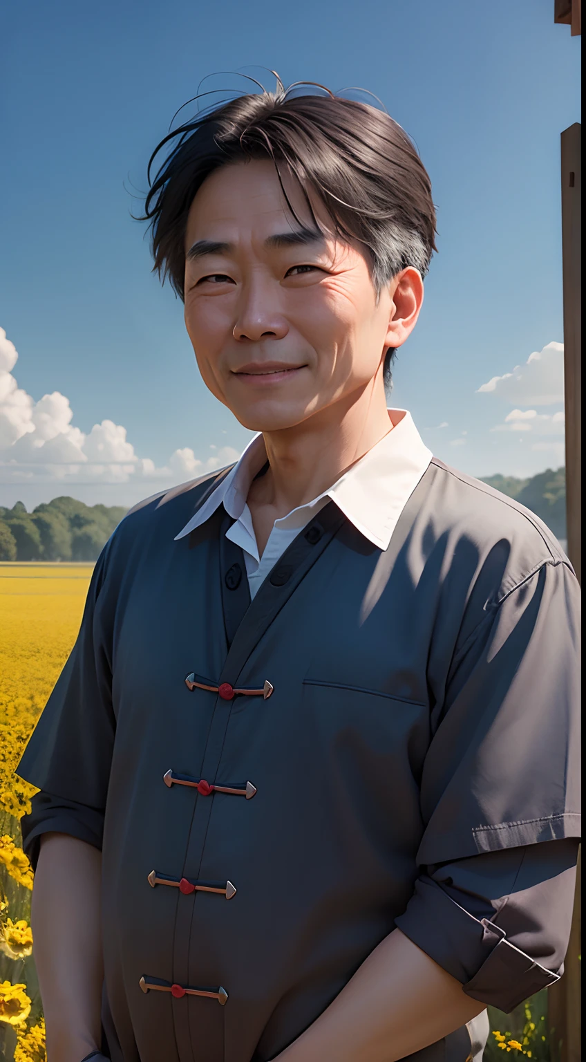 A 50-year-old male Chinese writer，In sunny fields，The expression is smiling
