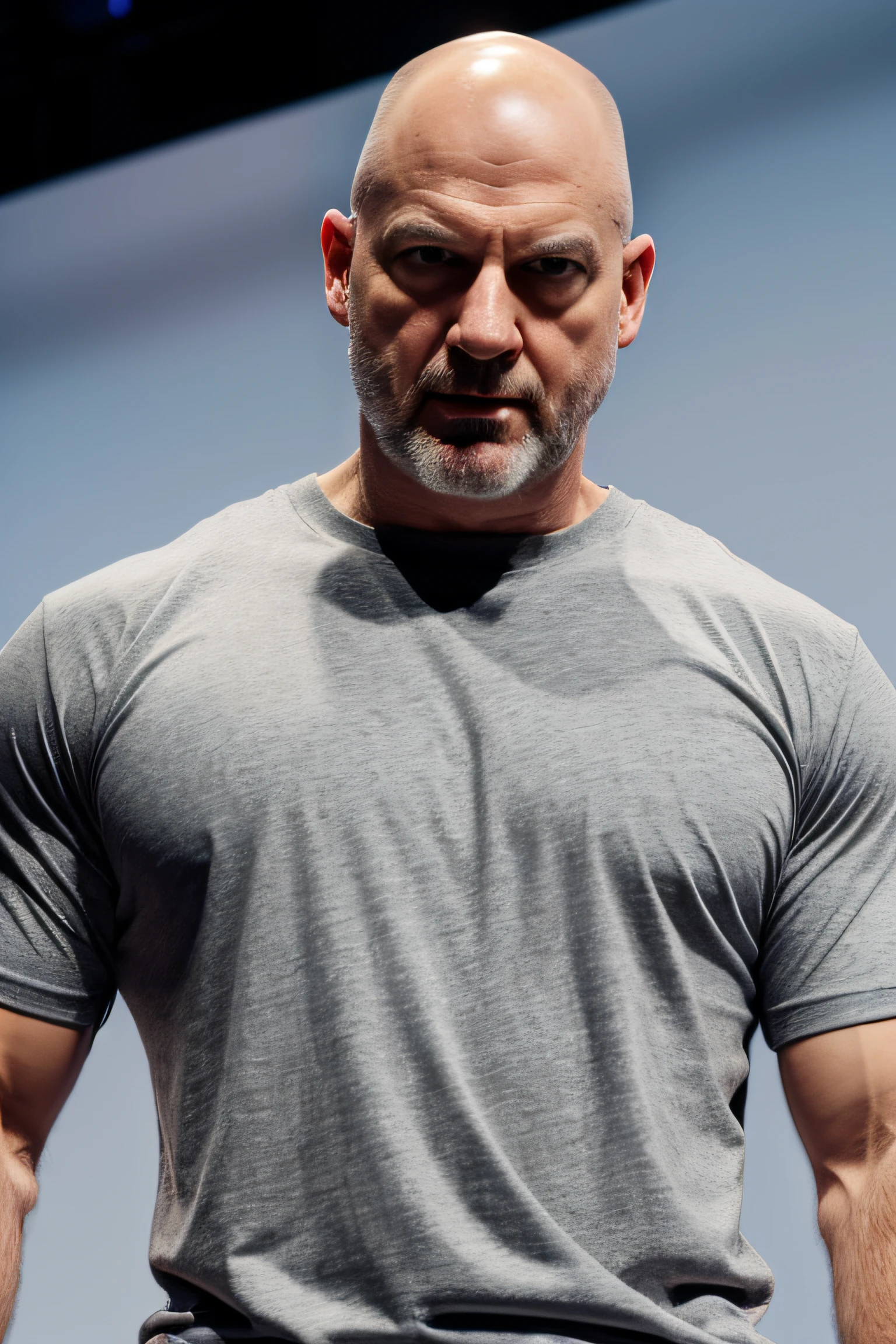 big bald white man mad face in stage wearing gray t shirt face view