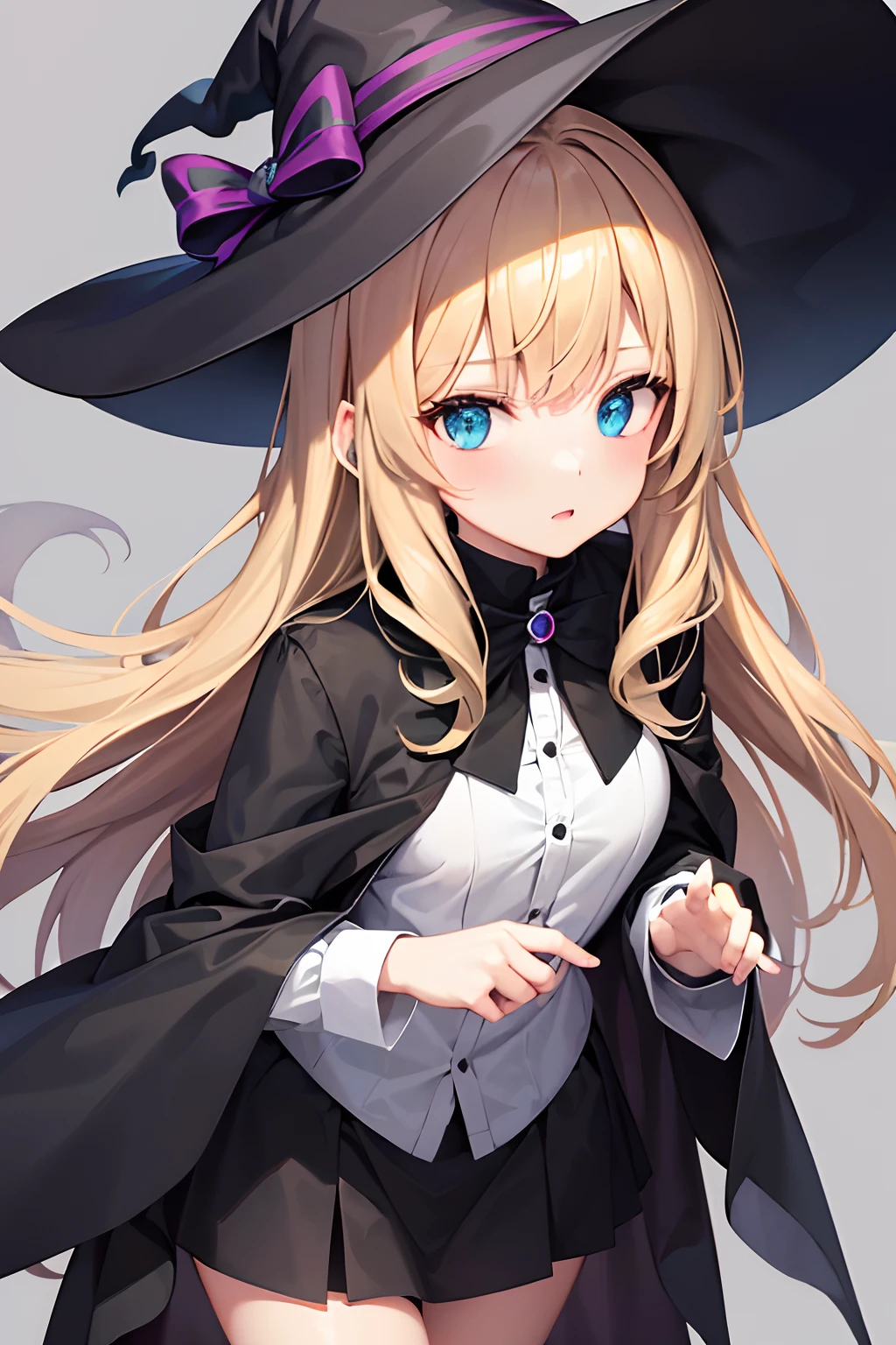1girl, Witches Girl, schwarzer hexen Hut, helle blonde haare, White top with turquoise skirt, wears a black coat(which is not tied)