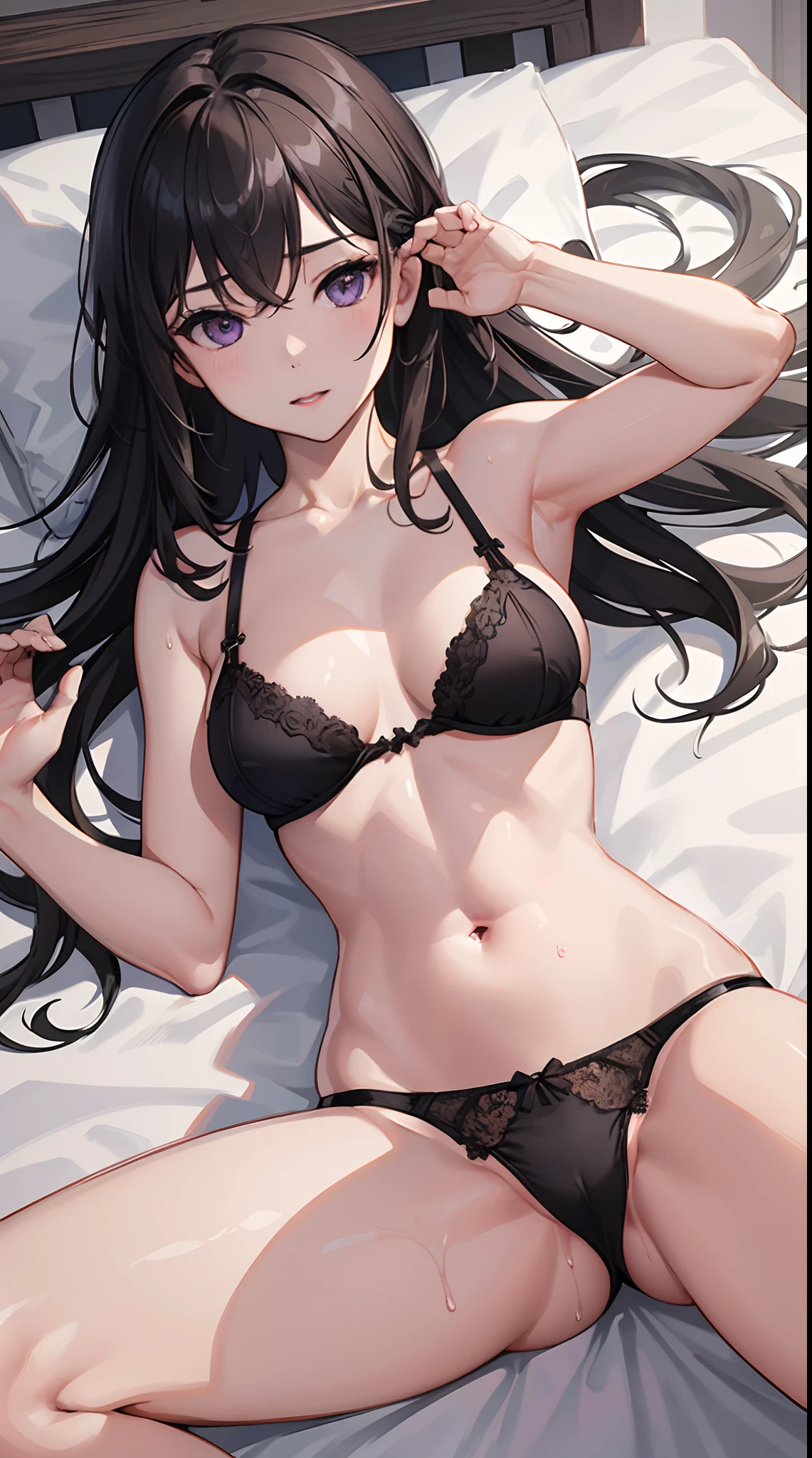 Masterpiece, Best quality, offcial art, (Highly detailed CG unity 8k wallpaper), detail body,first person perspective,Highlight the body,realisticlying, 1girll, Brown hair, Purple eye,Raised sexy,Protruding breasts, Small black sheer lace bra,Transparent small thong panties,big assa,The crotch and breasts are wet ,Lie down in bed,Spread your legs wide,hand on bed,Focus panties,Bare body。
